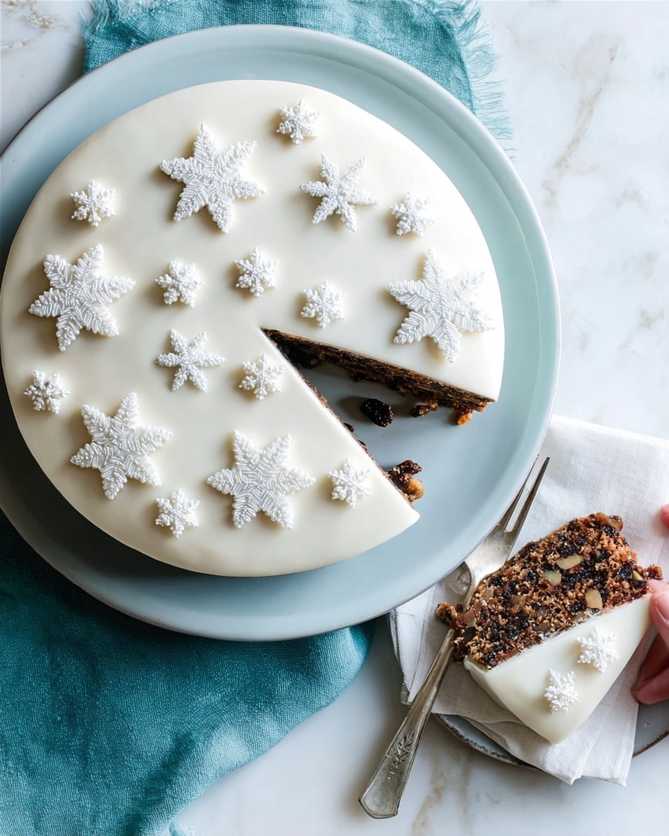 The image shows a round cake with a smooth white icing covering the top and sides, decorated with five large snowflake shapes made of white sugar crystals arranged evenly across the top. One slice is cut out, revealing a dark, dense interior filled with small chunks of nuts or fruit. The cake sits on a white plate that has a light blue tint, placed on a white marbled textured surface. Nearby, a piece of the cake is served on a smaller white plate, next to a silver fork resting on a neatly folded white cloth napkin. Photo taken with an iphone --ar 4:5 --v 7