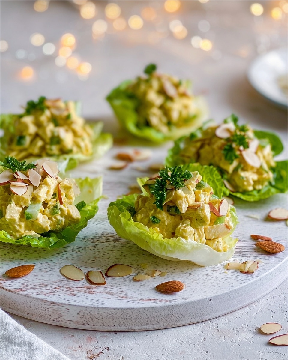 The image shows five small lettuce cups arranged on a round white wooden board placed on a white marbled surface. Each cup is filled with a creamy yellow mixture containing small green and white pieces, likely chicken salad with herbs. The creamy filling is topped with small, thin light brown almond slices scattered over the top. The green lettuce leaves are fresh and crisp, creating a bright contrast with the yellow filling. In the background, some warm string lights and stacked white plates add a cozy and soft atmosphere. photo taken with an iphone --ar 4:5 --v 7