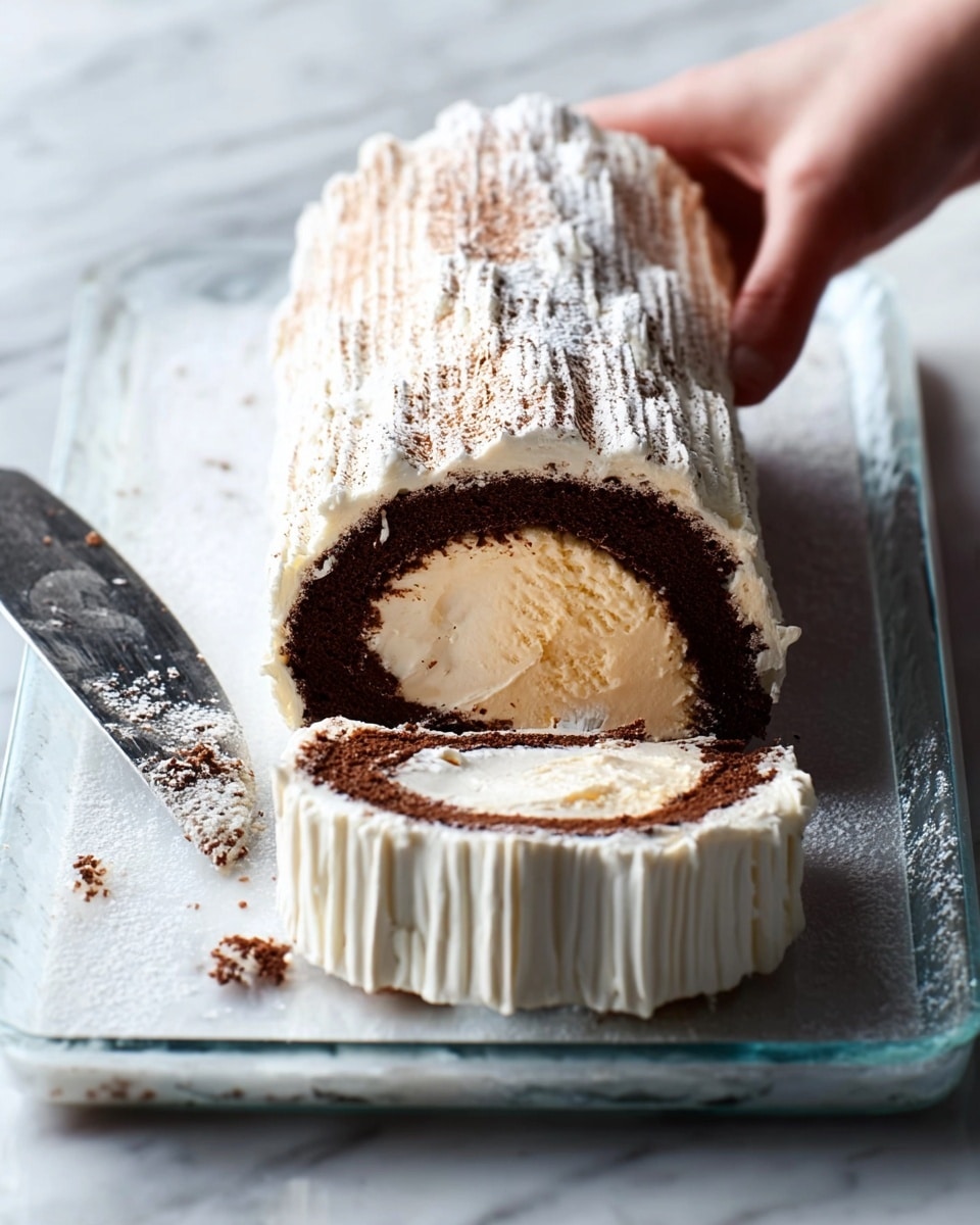 The image shows a log-shaped dessert sliced at the front, placed on a silver tray over a white marbled surface. The dessert has three layers: the outer layer is thick white cream with vertical ridges topped with a light brown dusting, the middle layer is dark brown cake surrounding the center, and the innermost layer is a smooth, light beige cream in a round shape. A knife with a white handle rests next to the tray. Photo taken with an iphone --ar 4:5 --v 7