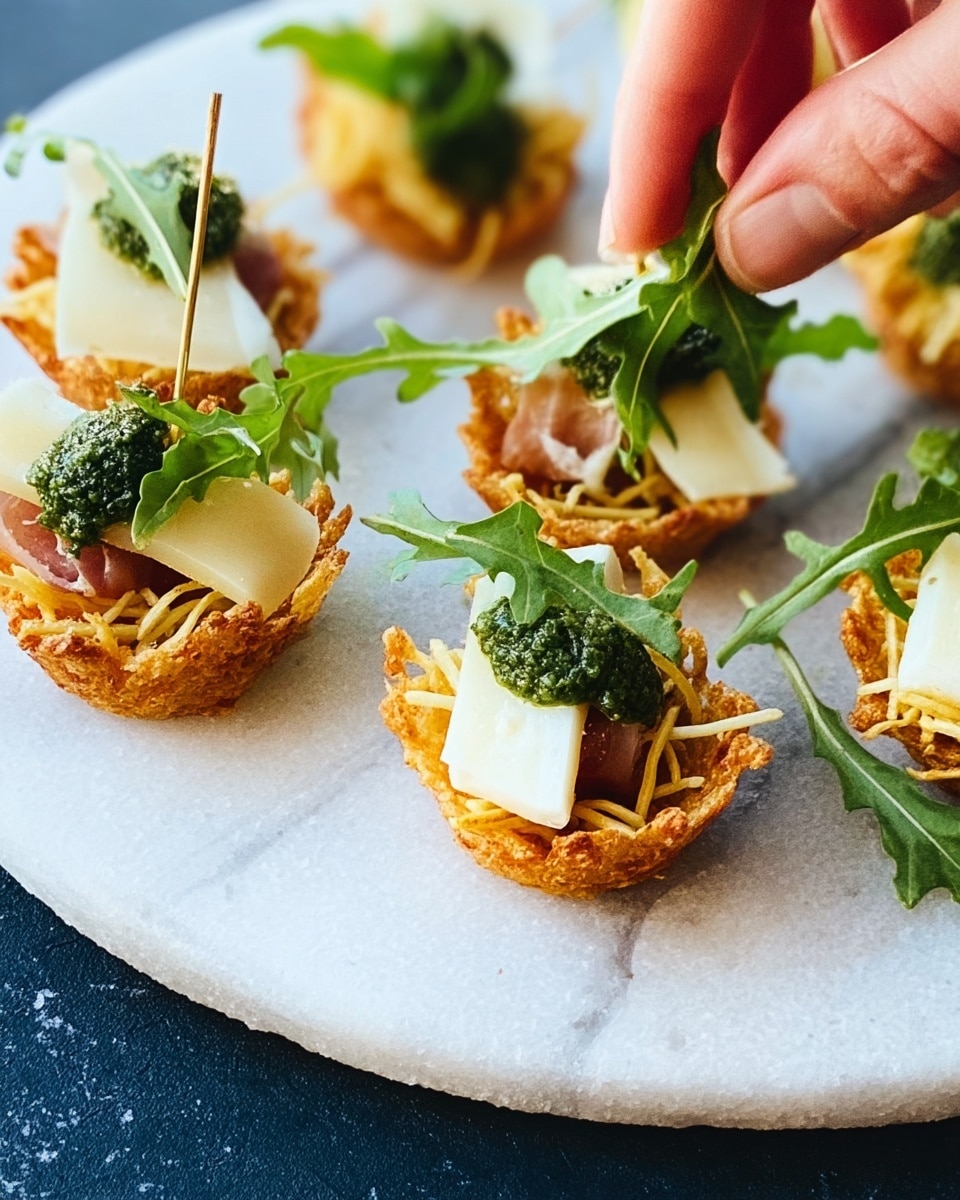 The image shows a white round plate on a white marbled surface, holding five pieces of bite-sized appetizers. Each appetizer has a small crispy light brown base shaped like a cup. Inside the base is a layer of shredded pale yellow cheese, topped with a piece of soft white cheese. On top of the cheese, there is a dollop of dark green pesto sauce and a fresh green arugula leaf, adding bright color and texture. A woman's hand is gently reaching towards one of the appetizers. The photo taken with an iphone --ar 4:5 --v 7