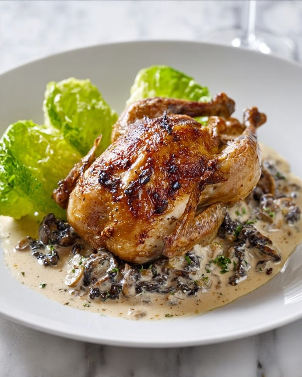The image shows a roasted whole quail with a golden brown, crispy skin sitting on a creamy white sauce mixed with dark morel mushrooms. The quail is placed slightly off-center on a white plate, with bright green grilled lettuce leaves behind it, adding a fresh contrast. The sauce underneath looks rich and textured, pooling gently around the quail. The background is a white marbled surface, giving a clean and bright look. Photo taken with an iphone --ar 4:5 --v 7