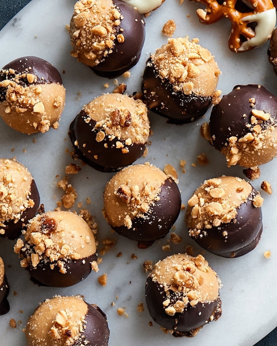 A close-up shot of small round peanut butter balls, some dipped halfway in dark chocolate and rolled in crushed peanuts, arranged in clusters on a white marbled surface. The balls are light tan with a smooth texture, while the chocolate coating is shiny and dark brown with a rough peanut crumb edge. The image shows about two layers of these treats, some alone and some stacked. To the side, there is part of a white plate with pretzels covered in white and dark chocolate visible. Photo taken with an iphone --ar 4:5 --v 7