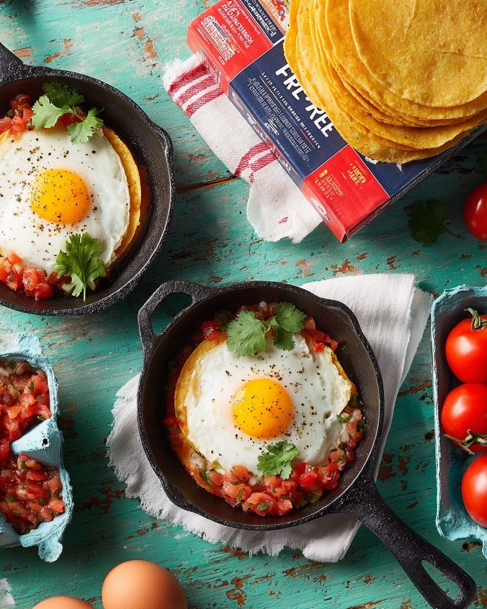 Two small black cast iron skillets each hold a dish with three layers: at the bottom, a yellow corn tortilla with a slightly crispy texture; in the middle, a sunny-side-up egg with a bright yellow yolk and firm white edges; on top, a chunky red salsa made from diced tomatoes, onions, and green herbs, with small green cilantro leaves added on the side. Above the skillets, a stack of three yellow corn tortillas rests on parchment paper. Nearby, a vivid blue carton of eggs sits on a white marbled surface surrounded by loose cherry tomatoes on the vine, scattered green cilantro leaves, and a partially visible bowl filled with the same chunky salsa, with a spoon inside it. photo taken with an iphone --ar 4:5 --v 7