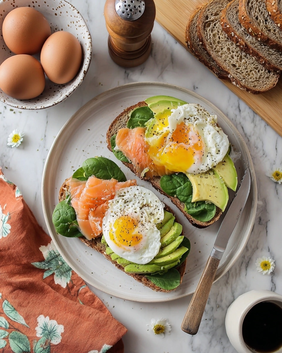 Two slices of toasted bread sit on a white plate on a white marbled surface. Each slice has three layers: a base of bright green avocado slices neatly fanned out, a few pieces of pink smoked salmon with a soft texture, and fresh dark green spinach leaves. On top of each, a fried egg with white edges and runny yellow yolk breaking on one of the slices is placed, sprinkled with black pepper. A knife with a wooden handle lies on the plate beside the toast. Around the plate, there are three brown eggs in a white bowl with a gray pattern, a pepper grinder, a stack of whole grain bread slices on a wooden board, an orange cloth napkin with green leaves and white flowers, and a white mug with black coffee. photo taken with an iphone --ar 4:5 --v 7