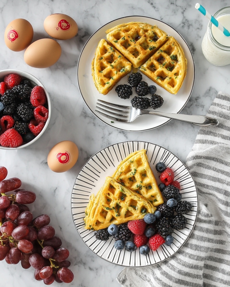 The image shows two white round plates with black stripes on a white marbled surface. On the left plate, there is a whole golden-brown waffle with small green herbs inside, topped with a small pile of mixed berries including blackberries, raspberries, and blueberries, and a silver fork resting on the plate's edge. The right plate has four triangular slices of the same waffle stacked slightly overlapping, with a pile of mixed berries beside them. Around the plates, there are three whole brown eggs with red stamps, a bunch of red grapes, a white bowl filled with more mixed berries, a clear glass of milk with a blue and white striped straw, and a folded gray cloth with white stripes in the top right corner. photo taken with an iphone --ar 4:5 --v 7