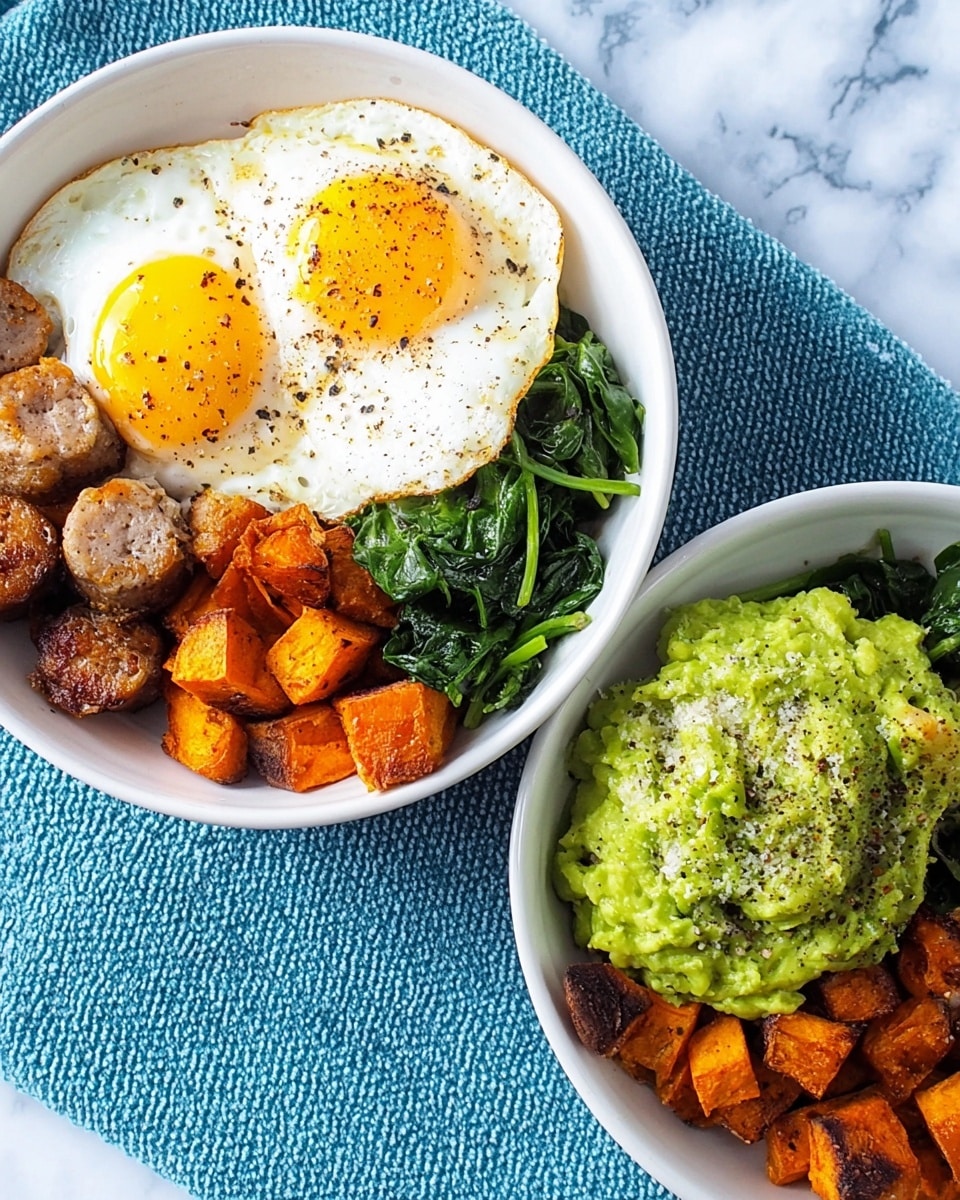 In the white bowl, there are two sunny-side-up eggs with bright yellow yolks and some black pepper sprinkled on top. Next to the eggs are browned sausage pieces with a crispy texture, and roasted sweet potato chunks that have a golden-brown color. In one corner of the bowl, there is a small pile of cooked spinach that looks dark green and slightly shiny. The bowl is set on a blue textured cloth with part of another white bowl filled with sweet potato and mashed avocado visible on the right side. photo taken with an iphone --ar 4:5 --v 7