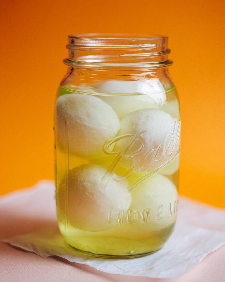 A clear glass mason jar filled with a pale yellow liquid and several white, round balls submerged inside, showing a slightly soft and smooth texture. The jar is placed on a white marbled surface with a piece of white paper partially underneath it, set against a bright orange background. The glass jar has a classic, smooth design with embossed lettering near the bottom. photo taken with an iphone --ar 4:5 --v 7