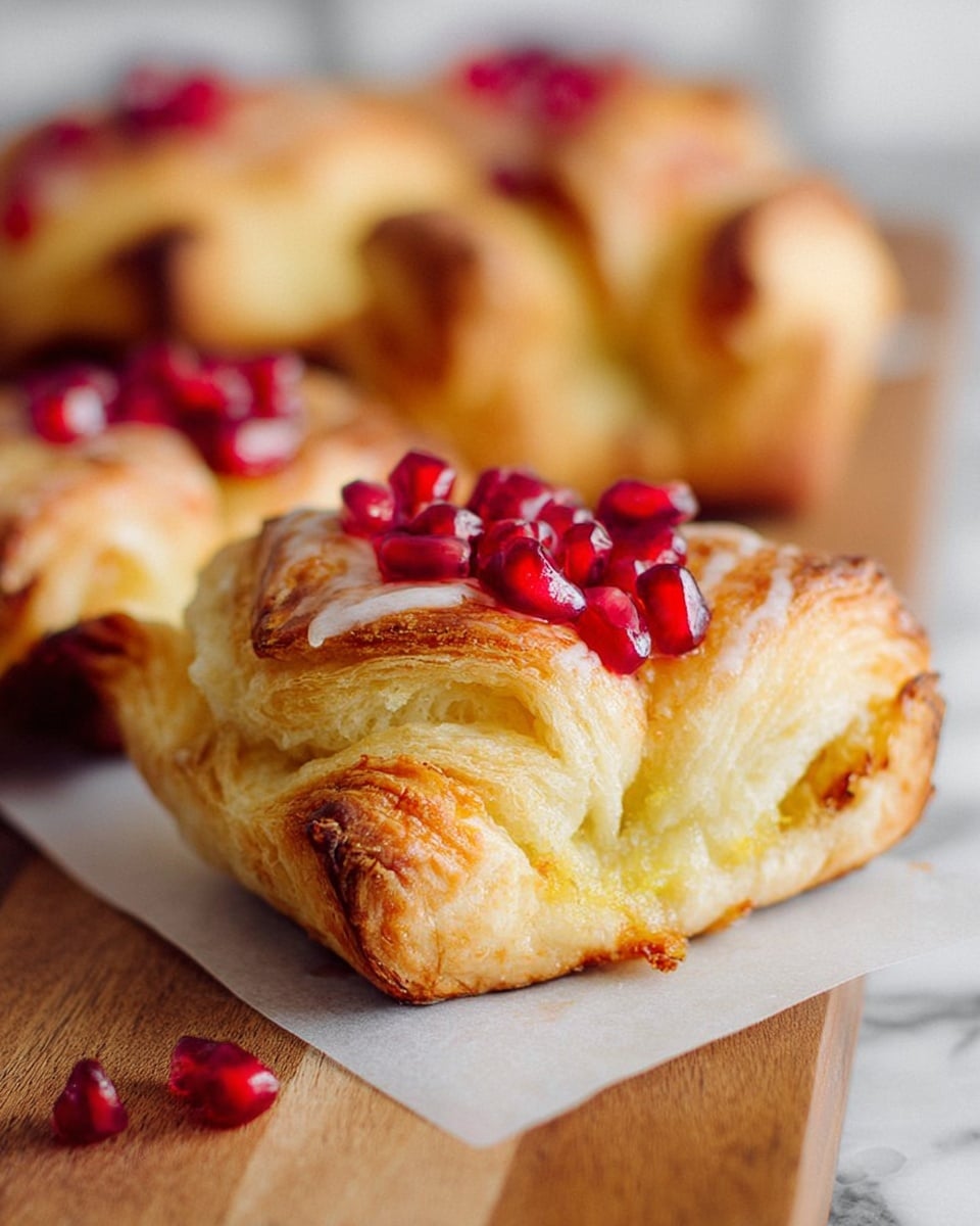 A close-up of a single flaky pastry with a golden-brown crust, showing multiple layers with a soft, light yellow filling visible inside. The top of the pastry has a light glaze and is decorated with bright red pomegranate seeds that add a pop of color. The pastry rests on a piece of white parchment paper on a wooden surface, with a blurred view of more pastries in the background. A few loose pomegranate seeds are scattered on the wooden surface. The background has a white marbled texture. photo taken with an iphone --ar 4:5 --v 7