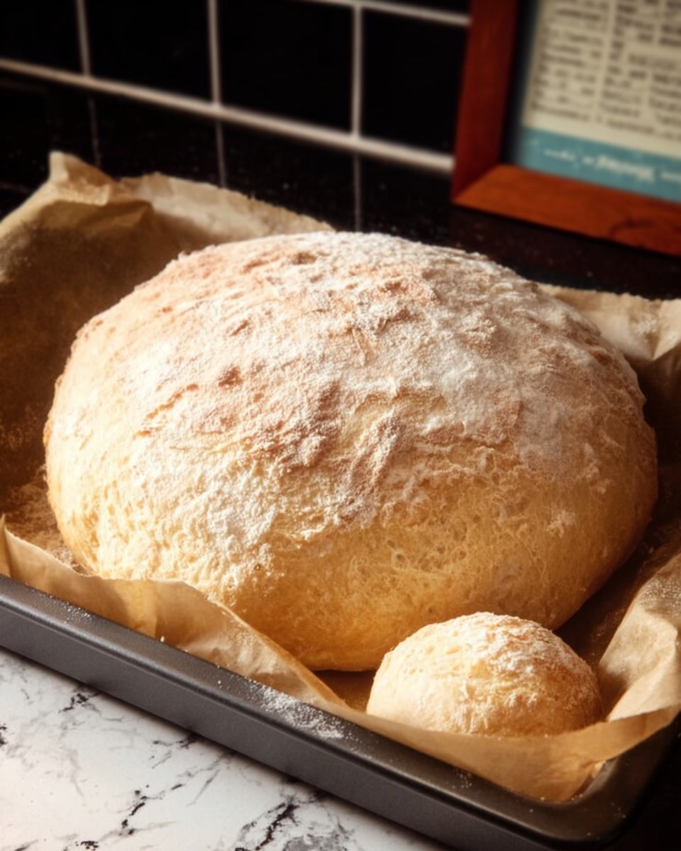 A large, round loaf of bread with a rough, lightly cracked, pale golden crust sits on brown parchment paper inside a metal baking tray. The bread looks fluffy and dense, with a smaller round dough ball beside it in the tray. The tray is placed on a surface with a white marbled texture, and the background has dark tiles and a framed paper with writing blurred out. Photo taken with an iphone --ar 4:5 --v 7
