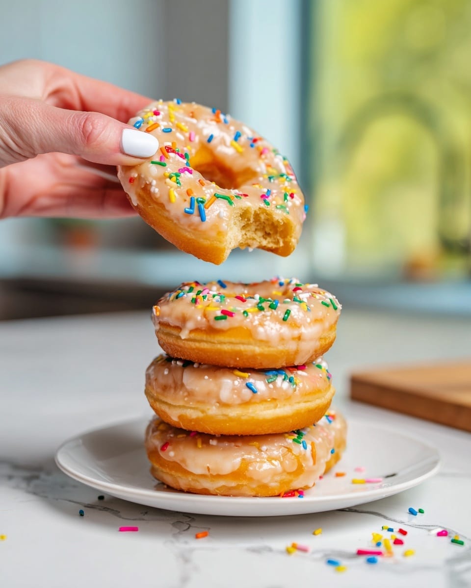 A stack of four round donuts covered in shiny light tan glaze sits on a white plate with raised edges on a white marbled surface; each donut has colorful rainbow sprinkles scattered on top. A woman's hand with white nail polish decorated with tiny rainbow dots is lifting the top donut, which has a small bite taken out, showing the soft golden inside. Around the plate, more rainbow sprinkles are scattered, with a small brown wooden bowl filled with sprinkles to the left. The background is softly blurred, featuring a greenish window and indistinct kitchen objects. Photo taken with an iphone --ar 4:5 --v 7