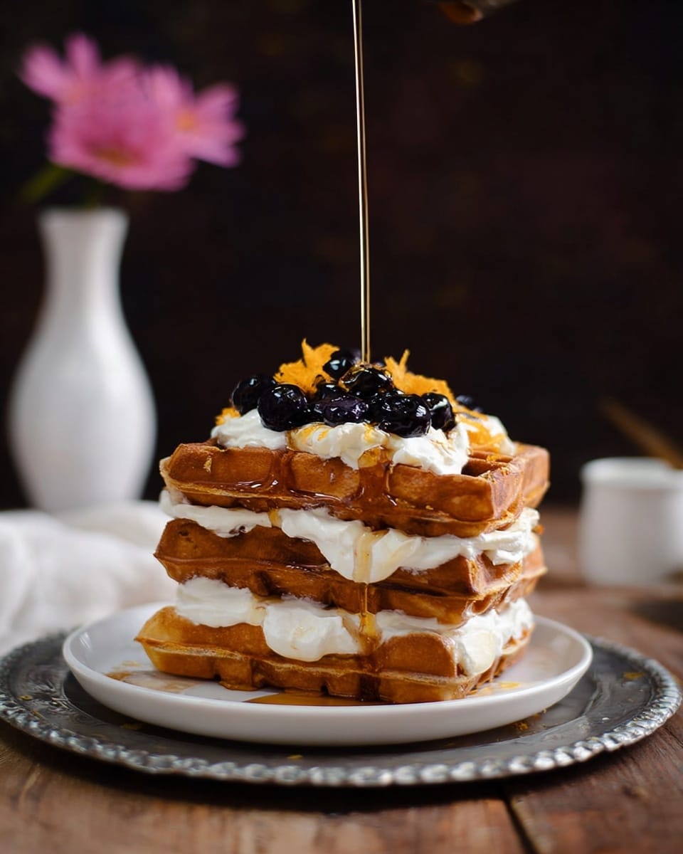 A stack of four thick, golden-brown waffles sits on a white plate placed on a textured metallic tray over a wooden surface. Between each waffle layer is a generous spread of smooth white cream, adding softness and contrast to the crispy texture of the waffles. On top, more white cream is spread thickly, crowned with shiny, dark blueberries and a small twist of orange zest. Golden syrup is being poured over the stack, slowly dripping down the sides, adding a glossy shine and a rich amber color. The background shows a blurry pink flower in a white vase, with a dark backdrop. The scene is set on a white marbled texture. Photo taken with an iphone --ar 4:5 --v 7