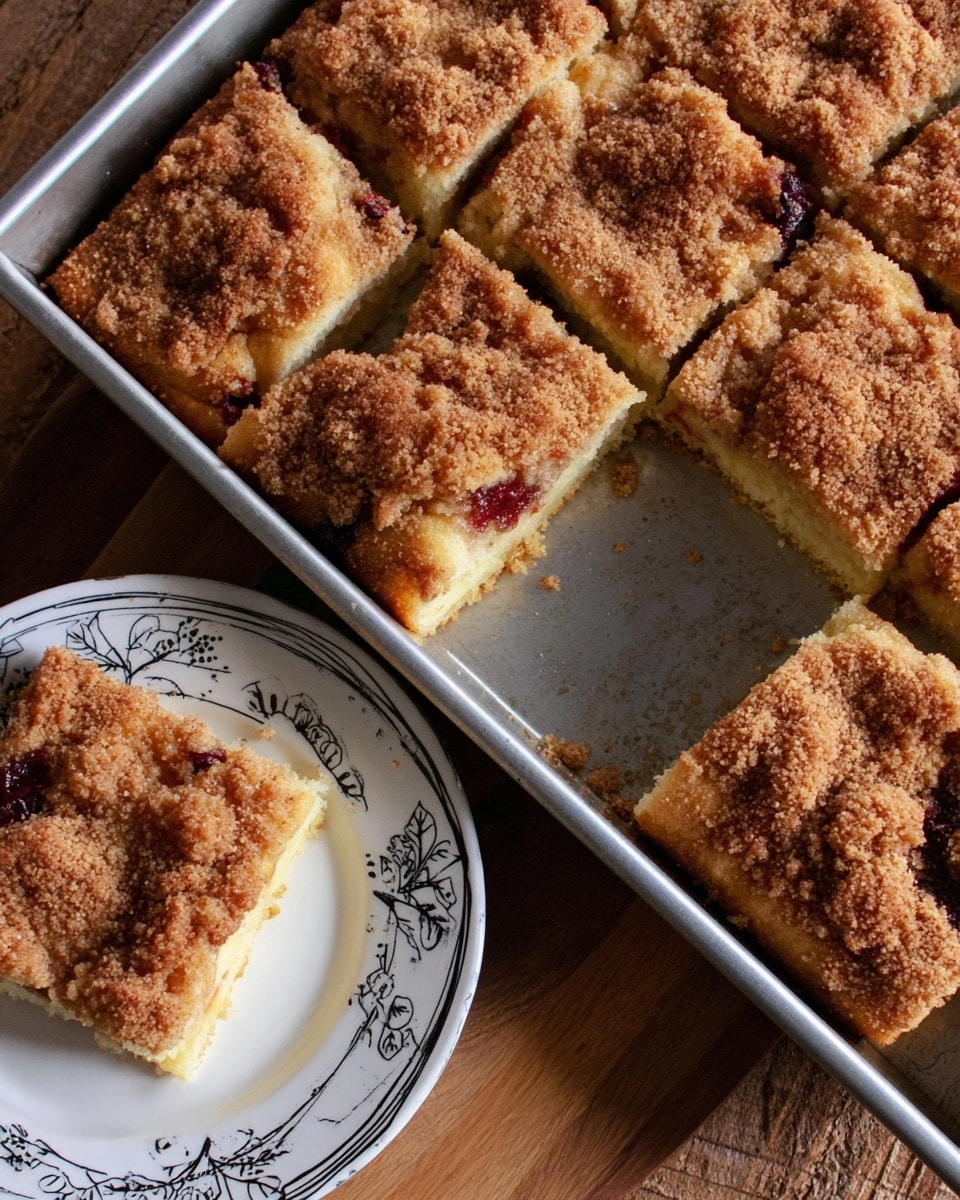 A close-up image of a rectangular cake with a golden-brown crumb topping, cut into square pieces, one piece missing from the corner. The cake has a light yellow, soft-looking inner layer with a slightly darker, raised edge crust. Crumb topping is coarse and unevenly browned with small spots of dark fruit filling peeking through. The cake rests in a metal baking tray on a wooden surface, while a single square slice is placed on a round white plate with thin black charcoal-like streaks and floral designs. Photo taken with an iphone --ar 4:5 --v 7
