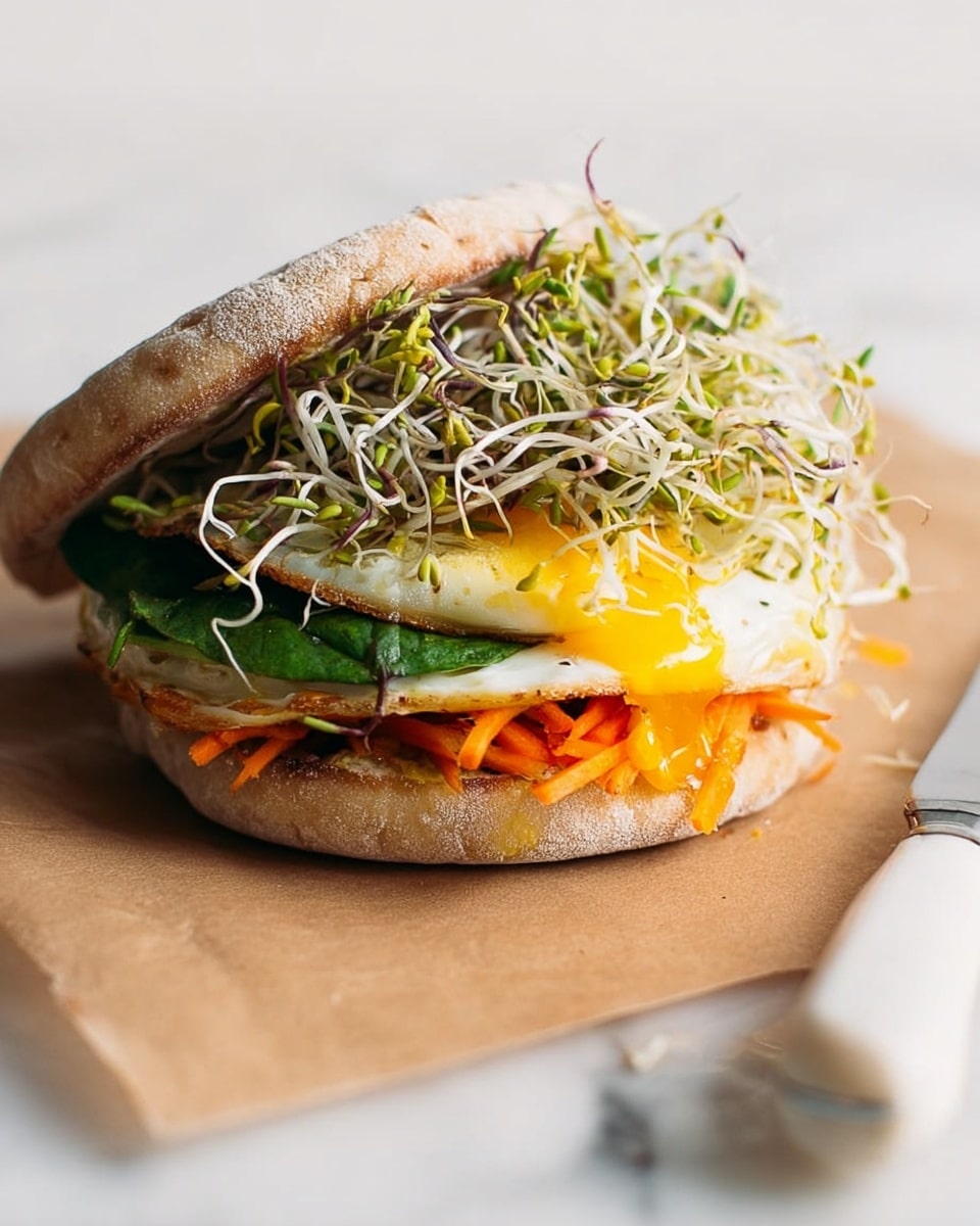 A sandwich is shown with two lightly toasted round flatbreads as the top and bottom layers, both having a slightly rough texture. Inside, there are several layers starting with thin, bright orange carrot sticks at the bottom, followed by a cooked white egg with a soft yellow yolk in the middle. Above the egg, there is a layer of fresh green leafy spinach, topped with a large pile of fine, tangled green and white sprouts. The sandwich sits on brown parchment paper, placed on a white marbled surface. A white knife handle with a silver blade lies next to it, and a woman's hand is gently holding the bread at the back. photo taken with an iphone --ar 4:5 --v 7
