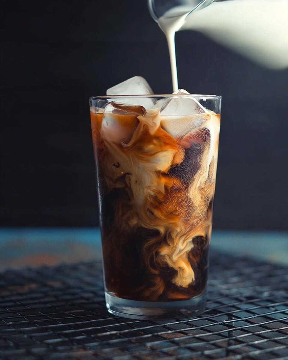 A clear tall glass filled with dark brown iced coffee and a few large ice cubes on top, with white cream being poured from a small white pitcher into the coffee, creating swirling patterns as the cream mixes with the dark liquid inside the glass. The glass is placed on a black wire rack with a white marbled texture in the background. photo taken with an iphone --ar 4:5 --v 7
