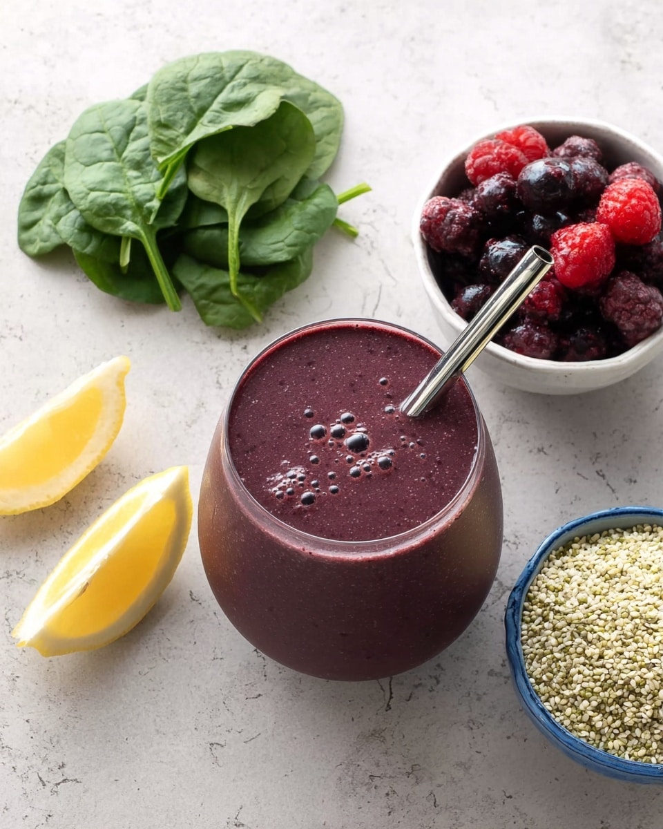 A white round glass filled with a thick dark purple smoothie with small bubbles on the surface and a silver metal straw inserted on the right side, placed on a white marbled texture. Near the top left of the glass lies a small pile of fresh bright green spinach leaves. Below the glass, two yellow lemon wedges with a smooth shiny texture lay side by side. To the right of the glass, there is a clear white bowl filled halfway with frozen mixed berries in shades of dark purple and bright red, showing a slightly frosty texture. Further to the right, a small white bowl with a blue rim contains beige hemp seeds with a grainy texture. photo taken with an iphone --ar 4:5 --v 7