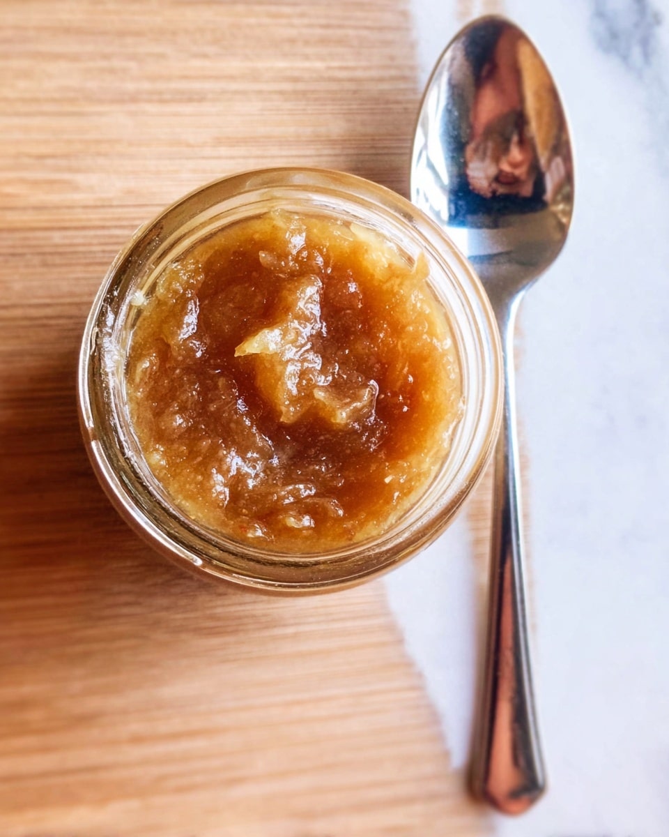 A close-up top view of a small glass jar filled with golden-brown chunky jam or marmalade, showing visible pieces of fruit in a slightly translucent syrupy texture, placed on a white marbled surface next to a shiny metal spoon reflecting light and faint shadows, photo taken with an iphone --ar 4:5 --v 7