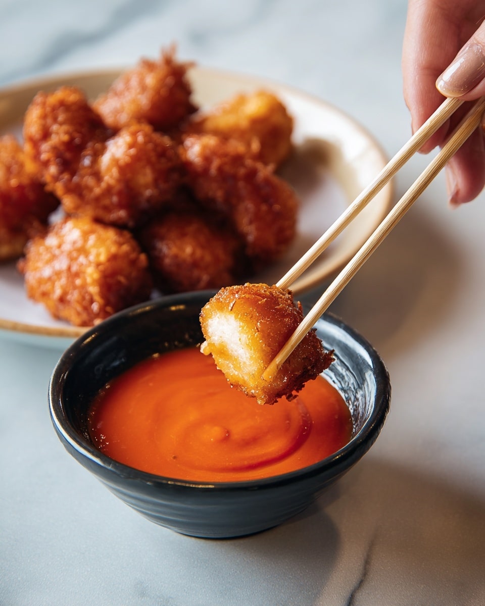A close-up image showing crispy golden brown fried chicken pieces arranged in a white bowl in the background. In the foreground, a dark round bowl filled with smooth, bright red dipping sauce, with one fried chicken piece being held and dipped into the sauce by a pair of light wooden chopsticks held by a woman's hand. The surface beneath has a soft white marbled texture. The scene is well lit, highlighting the crispy texture of the chicken and the glossy surface of the sauce. photo taken with an iphone --ar 4:5 --v 7