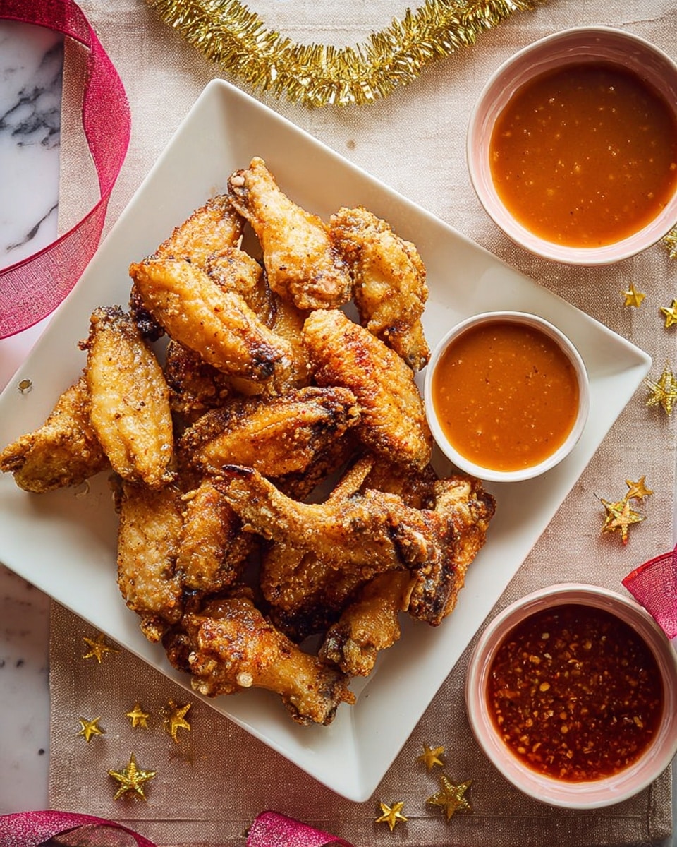 A square white plate holds a pile of golden brown fried chicken wings with crispy, textured skin. In the top right corner of the plate, two small round bowls rest side by side; the larger bowl contains a shiny, smooth orange-brown dipping sauce, while the smaller bowl has a darker red-brown sauce with a slightly grainy texture. The plate is on a beige cloth with small golden star confetti, glittery garland, and a pink ribbon around it, all set on a white marbled surface. photo taken with an iphone --ar 4:5 --v 7