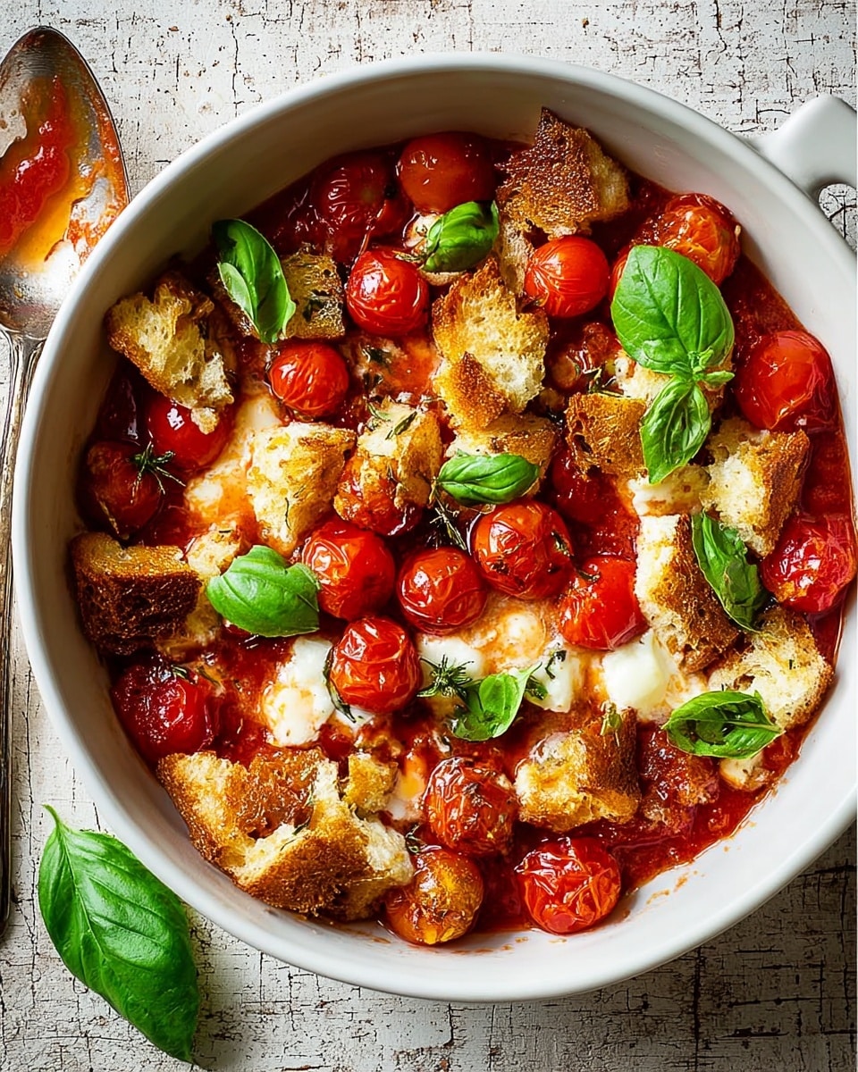 The dish is in a white bowl with a thick layer of deep red tomato sauce at the bottom, topped with small, shiny, bright red cherry tomatoes scattered evenly. On top of the tomatoes, there are pieces of melted white cheese that are slightly browned and soft. Over the cheese, there are several large, rough-textured golden-brown croutons placed randomly, adding a crunchy look. Fresh green basil leaves are scattered across the top, adding a bright pop of color. The bowl is set on a white marbled surface, and a spoon with a bit of red sauce remains nearby. Photo taken with an iphone --ar 4:5 --v 7