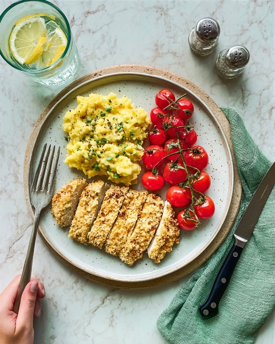 A white round plate on a white marbled surface holds three main parts: on the left side, a serving of creamy yellow mashed potatoes with small green herb pieces mixed in, on the right side, a cluster of bright red cherry tomatoes still on the vine, and at the top of the plate, a sliced piece of golden-brown breaded chicken arranged neatly in five pieces. A woman's hand is holding a fork on the left side of the plate, while a knife with a black handle lies to the right of the plate on a folded green napkin. Nearby, there is a glass of water with a lemon wedge and a small salt shaker. photo taken with an iphone --ar 4:5 --v 7