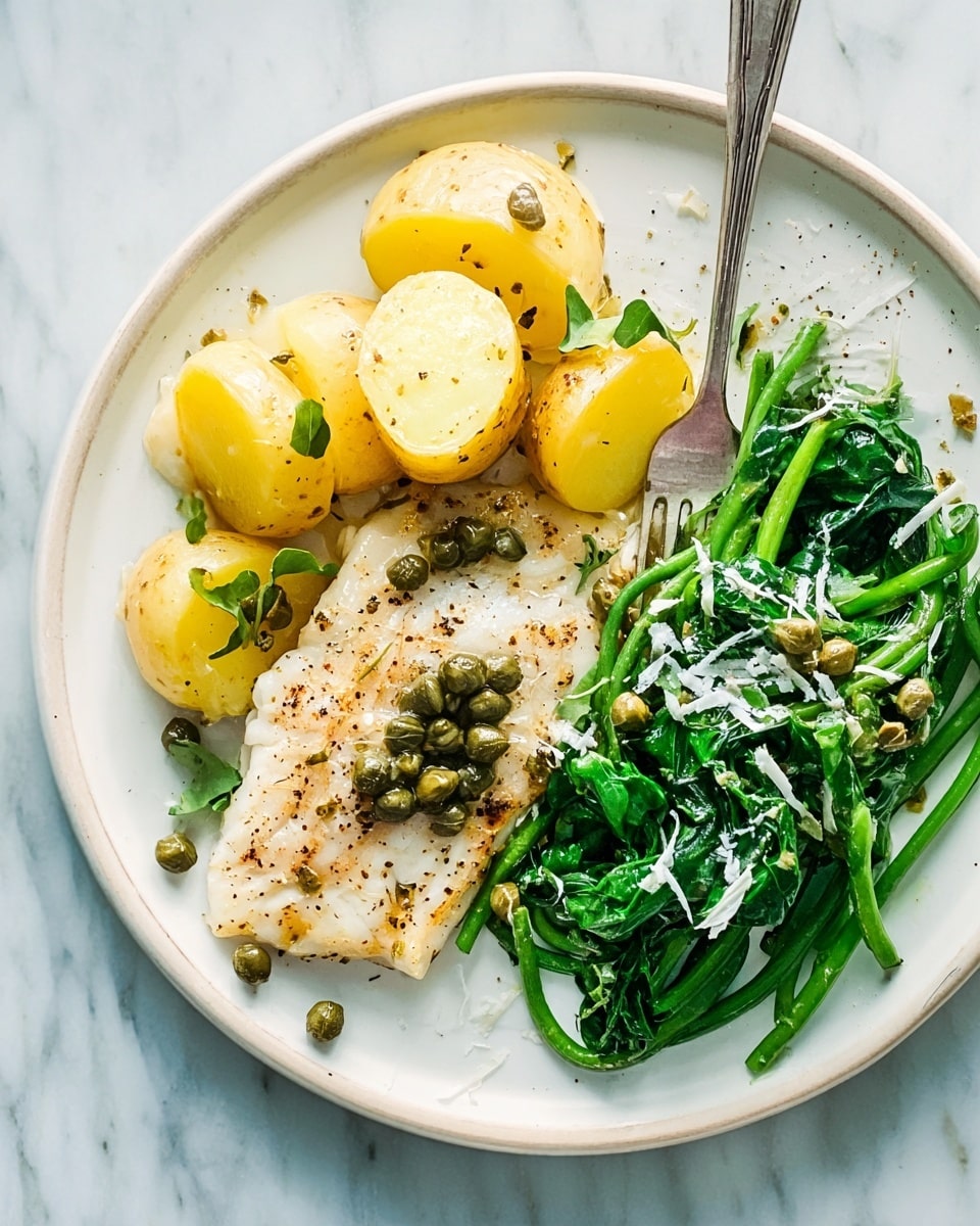 The dish is served on a white round plate with three main parts: on the left side, there are small golden roasted potato halves with a light brown crust, topped with scattered small green capers; in the center, a piece of cooked chicken breast with a browned, slightly crispy surface and sprinkled with black pepper sits under some sautéed translucent onion slices and a few capers; on the right side, there is a green vegetable mix of glossy green beans and bright green leafy spinach, lightly coated with a white grated garnish, likely cheese, all arranged neatly. The plate is on a white marbled surface with a silver fork placed at the top edge. photo taken with an iphone --ar 4:5 --v 7