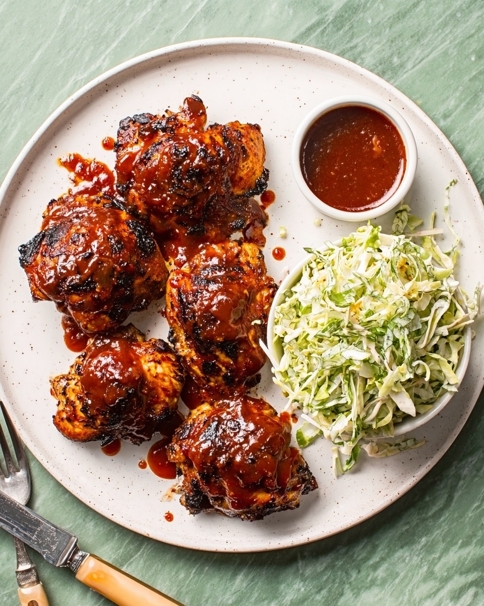 A white plate holds six pieces of grilled chicken covered in a shiny, dark red sauce with spicy specks, arranged loosely on the left side. On the right side, there is a small white bowl filled with light green cabbage slaw mixed with green herbs and shredded white pieces. Below the chicken, a small white cup holds extra red sauce. The plate is placed on a white marbled surface, with a silver fork and knife with a tan handle lying in the bottom left corner. Photo taken with an iphone --ar 4:5 --v 7
