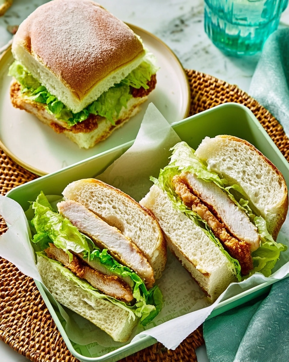 The image shows two chicken sandwiches on a white tray lined with white paper, placed inside a light green container. Each sandwich has three visible layers: the top and bottom layers are thick, soft white bread with a fluffy texture, the middle layer is a piece of cooked chicken with a light brown crust, and between the bread and chicken are fresh green lettuce leaves adding a leafy texture. Next to the container, another sandwich with a piece of fried chicken, lettuce, and white bread sits on a white plate with a slightly powdery top bun. The whole scene is set on a white marbled surface with a woven tray underneath part of the food, with a light blue cloth nearby. Photo taken with an iphone --ar 4:5 --v 7