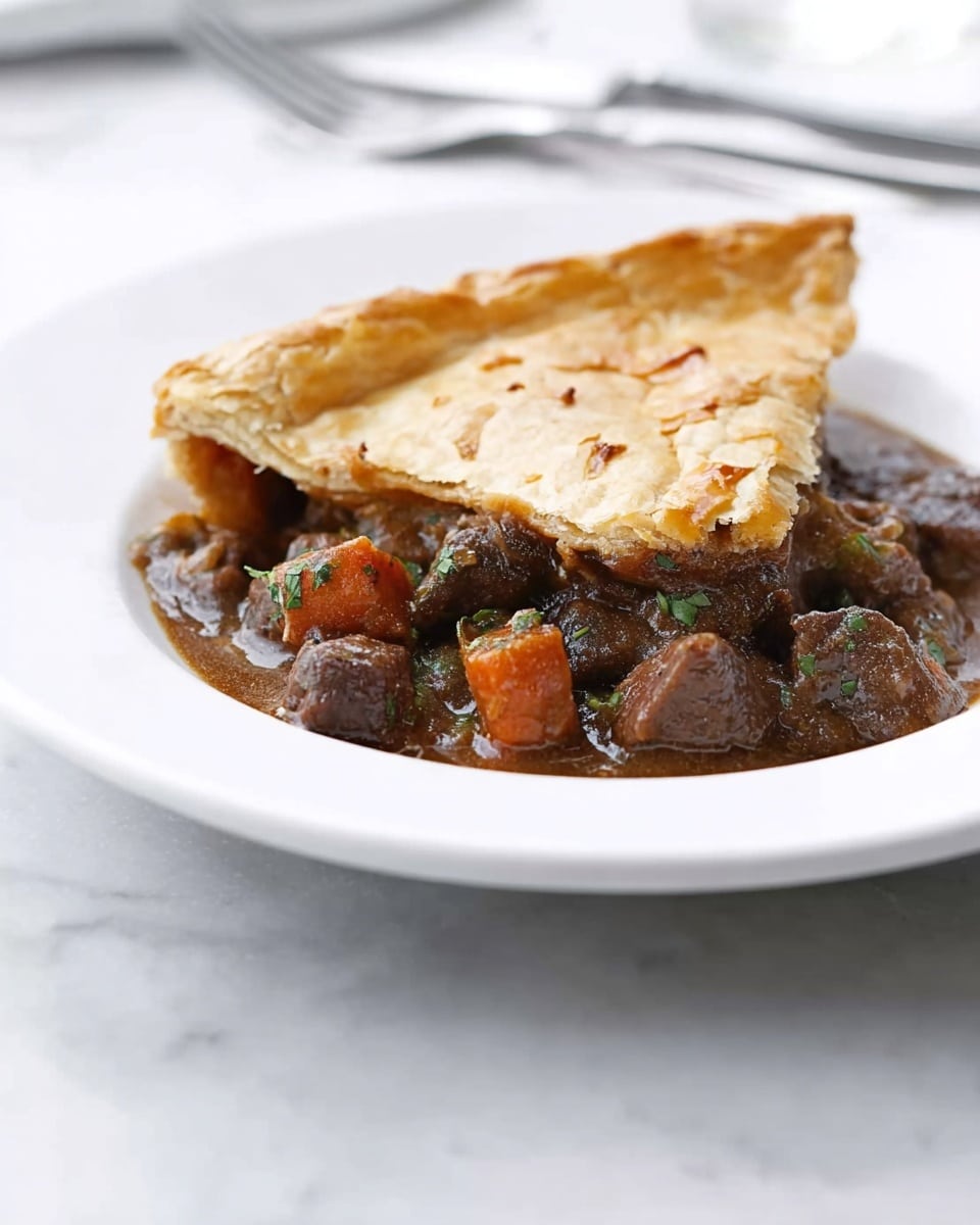 A slice of meat pie sits on a white plate, showing two main layers: the bottom layer is a thick, chunky stew with dark brown beef pieces mixed with small orange carrots and green herbs in a rich brown gravy, and the top layer is a golden-brown crust with a slightly uneven texture and small browned spots, gently covering the stew; the plate rests on a white marbled surface, with a fork and knife blurred in the background. photo taken with an iphone --ar 4:5 --v 7
