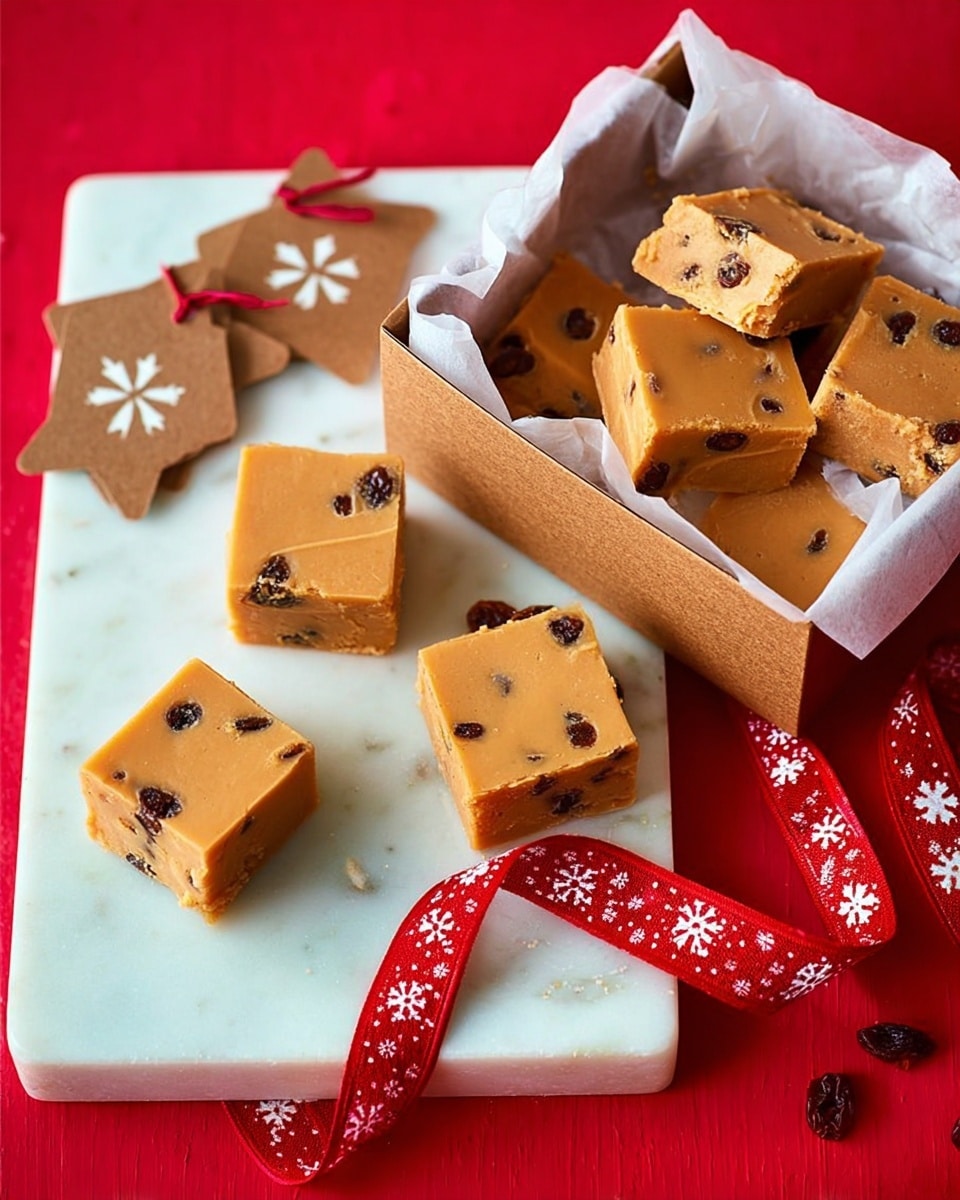 The image shows caramel-colored square fudge pieces with visible dark raisins inside, arranged in two groups: three pieces on a white marbled square board and four pieces inside an open brown gift box lined with white parchment paper. The fudge has a smooth, slightly cracked surface, with the raisins embedded throughout. There is a red ribbon with white snowflake patterns loosely placed beside the gift box, which has two brown gift tags attached, each decorated with a white star. The background is a red surface, adding a bright contrast to the white marbled board and the caramel fudge. Photo taken with an iphone --ar 4:5 --v 7