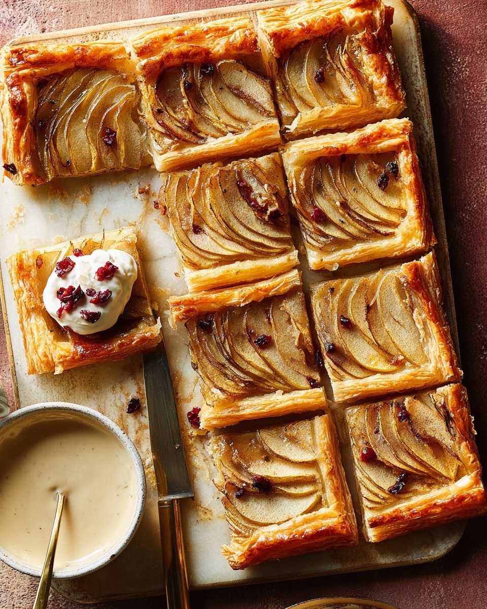 A rectangular sheet of golden-brown puff pastry cut into twelve square pieces with thin, curved slices of light yellow apple arranged in overlapping rows on top of each piece, giving a textured pattern. The puff pastry shows crisp, flaky layers with slightly darker baked edges. To the side, there is a small round white bowl filled with creamy, light beige sauce. One square piece is partially lifted with a metal knife, topped with a dollop of white cream and some small dark red dried berries. The background is a white marbled surface under a warm light. Photo taken with an iphone --ar 4:5 --v 7