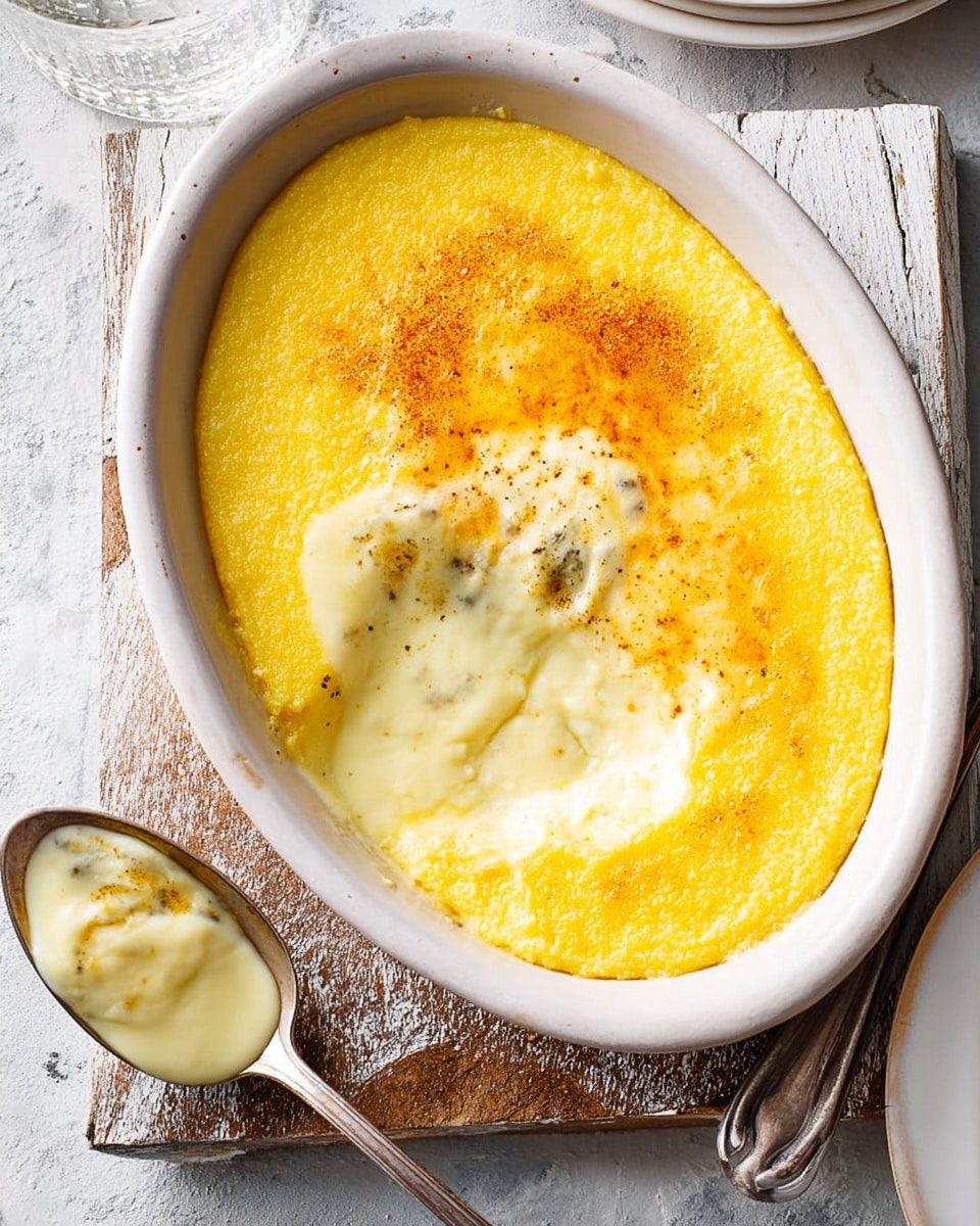 The dish is shown in a white oval ceramic dish with one smooth layer of bright yellow creamy polenta topped with a thin, slightly browned layer of melted cheese that has a light golden crust. A spoon at the bottom left holds a scoop of the pale, melted cheese that appears soft and gooey, revealing the bright yellow polenta beneath. The dish sits on a white marbled textured surface with a piece of rustic wood underneath, and part of a white plate and cutlery are visible on the side. Photo taken with an iphone --ar 4:5 --v 7