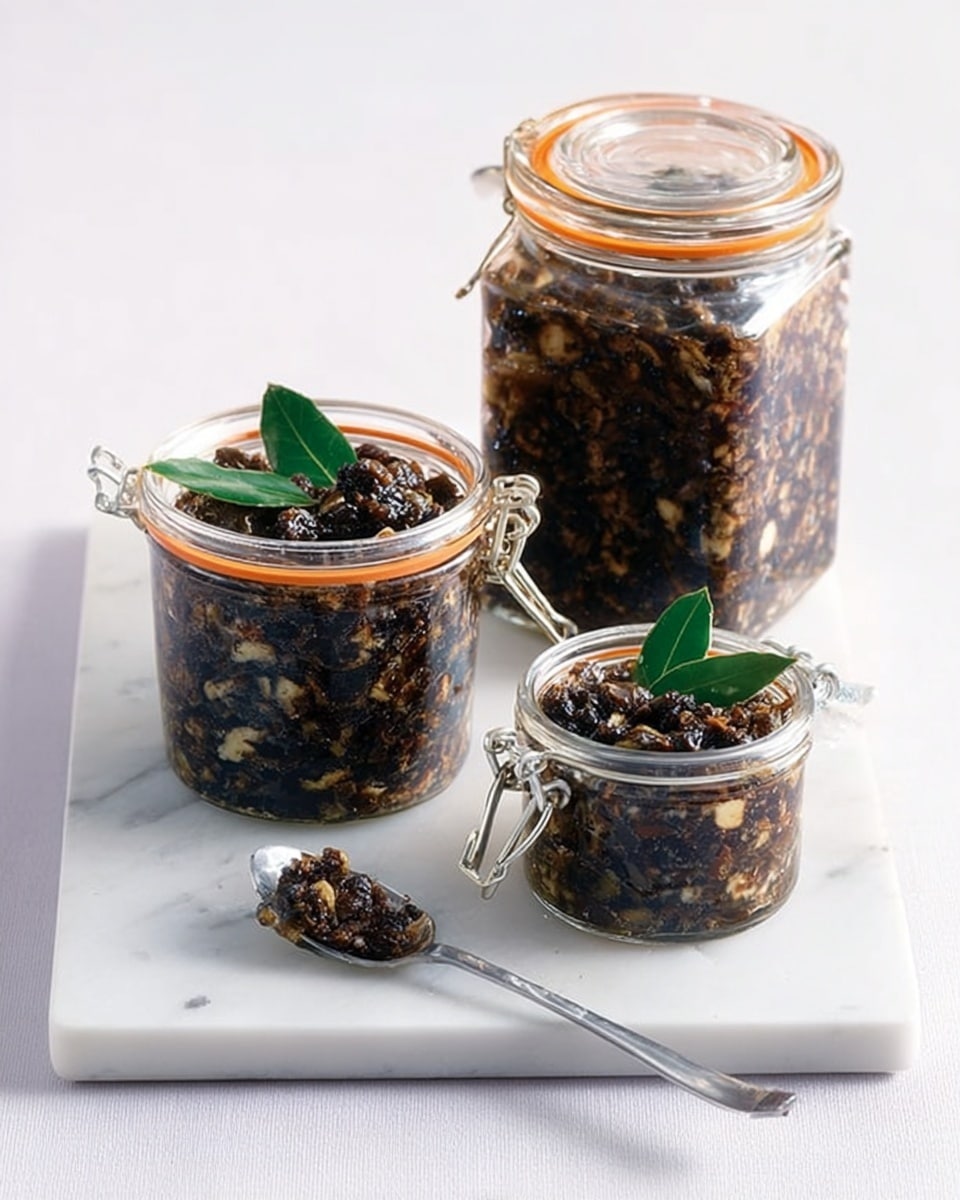 The image shows three glass jars filled with a dark, chunky mixture that has bits of light and dark pieces inside, topped with a green leaf for decoration. One jar is round with an orange rim sealing the lid, another is tall and rectangular with a secure latch lid, and the third is a smaller round jar without its lid, showing the textured contents inside clearly. A spoon with a small amount of the mixture sits on a white marble board in front of the jars. The whole setup is placed on a white marbled surface, giving a clean and bright look. photo taken with an iphone --ar 4:5 --v 7