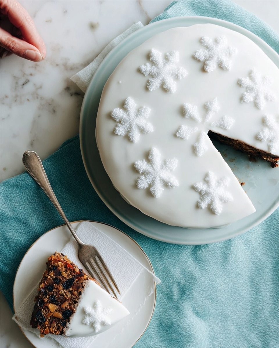 The image shows a round cake with a smooth, white icing layer on top, decorated with sugar snowflakes arranged evenly around the surface. One slice is cut and removed, revealing a dark brown, dense cake with nuts or fruit pieces inside, visible in the texture. The cake sits on a white plate with a light blue rim, placed on a white marbled surface over a teal cloth. A woman's hand holds a silver fork resting on a white napkin beside a small white plate with the cake slice on it. Photo taken with an iphone --ar 4:5 --v 7