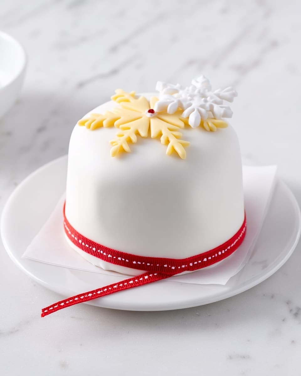 The image shows a small cake covered smoothly with white icing, sitting on a white plate with a slight edge, placed on a white marbled surface. Around the base of the cake is a thin red ribbon with small white dash patterns, tied loosely. On top of the cake is a flat decoration shaped like a yellow snowflake with rounded tips, and a white snowflake behind it, both made from icing. The white icing on the cake is smooth with no visible texture or layers. photo taken with an iphone --ar 4:5 --v 7