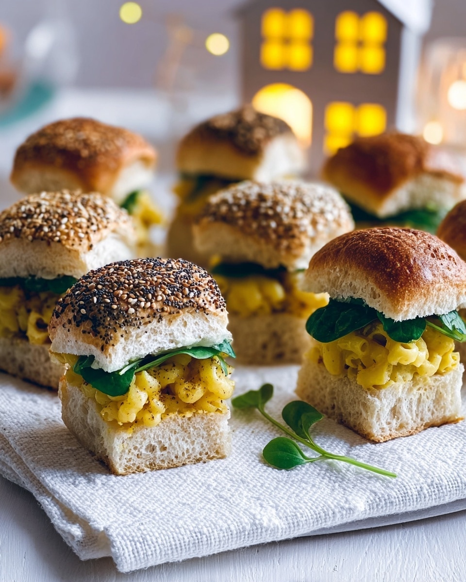 A group of small square sandwiches with three layers sit on a white marbled surface, arranged neatly on a white tray lined with a white napkin. Each sandwich has a soft bread bun top, some plain white, some topped with black poppy seeds, and some with a slightly darker or sesame-seed textured crust. The middle layer is a block of yellow macaroni and cheese with visible pasta holes. Beneath the macaroni is a fresh green leaf adding color contrast. The bottom bun is white or whole wheat, soft and slightly textured. Small green leaves are scattered around the tray, adding detail. The background shows soft lighting with blurred shapes. Photo taken with an iphone --ar 4:5 --v 7
