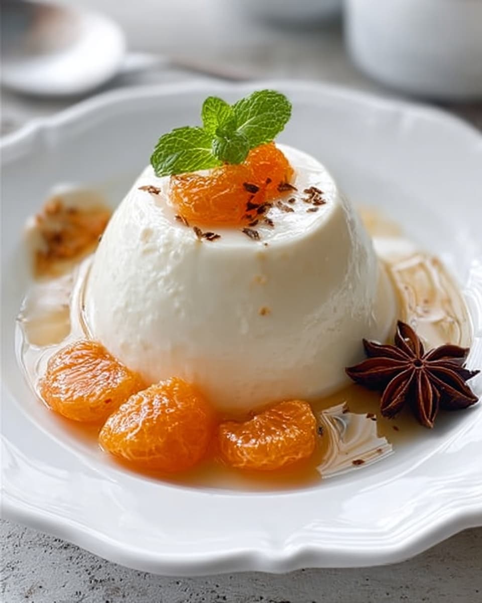A creamy white mound-shaped dessert sits at the center of a white plate with scalloped edges, topped with a few small bright orange segments and a fresh green mint leaf. Around the base of the dessert, there are more shiny orange segments that have a slightly charred texture, and a dark brown star anise rested beside them. A light syrup glistens on the dessert and plate, adding a shiny finish. The background is a white marbled surface. Photo taken with an iphone --ar 4:5 --v 7