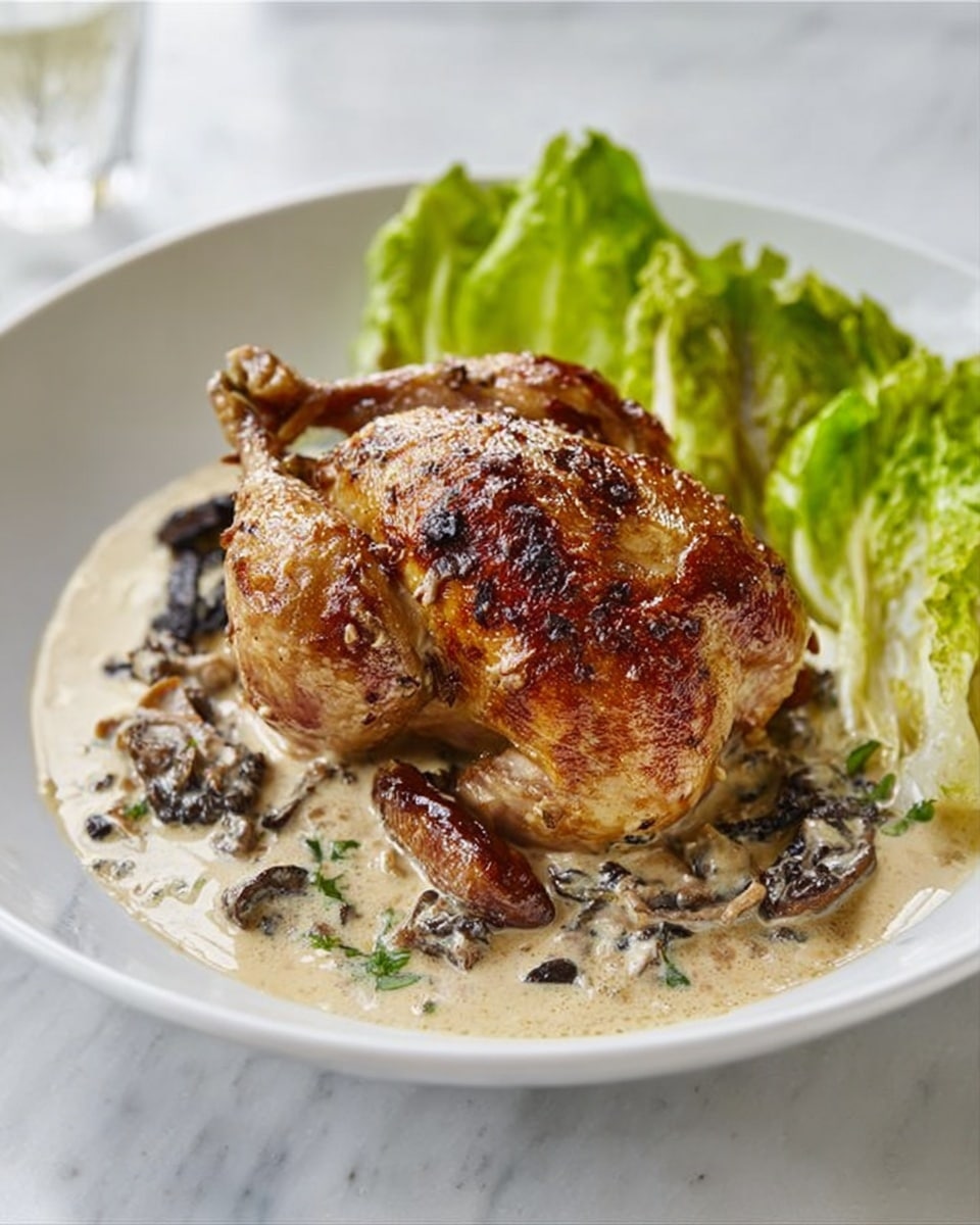A roasted whole bird with browned, crispy skin sits on a layer of creamy mushroom sauce that has whole dark mushrooms mixed in. Behind the bird, there are two large, green lettuce wedges placed upright. The dish is served on a white plate, all set on a white marbled surface. The photo taken with an iphone --ar 4:5 --v 7