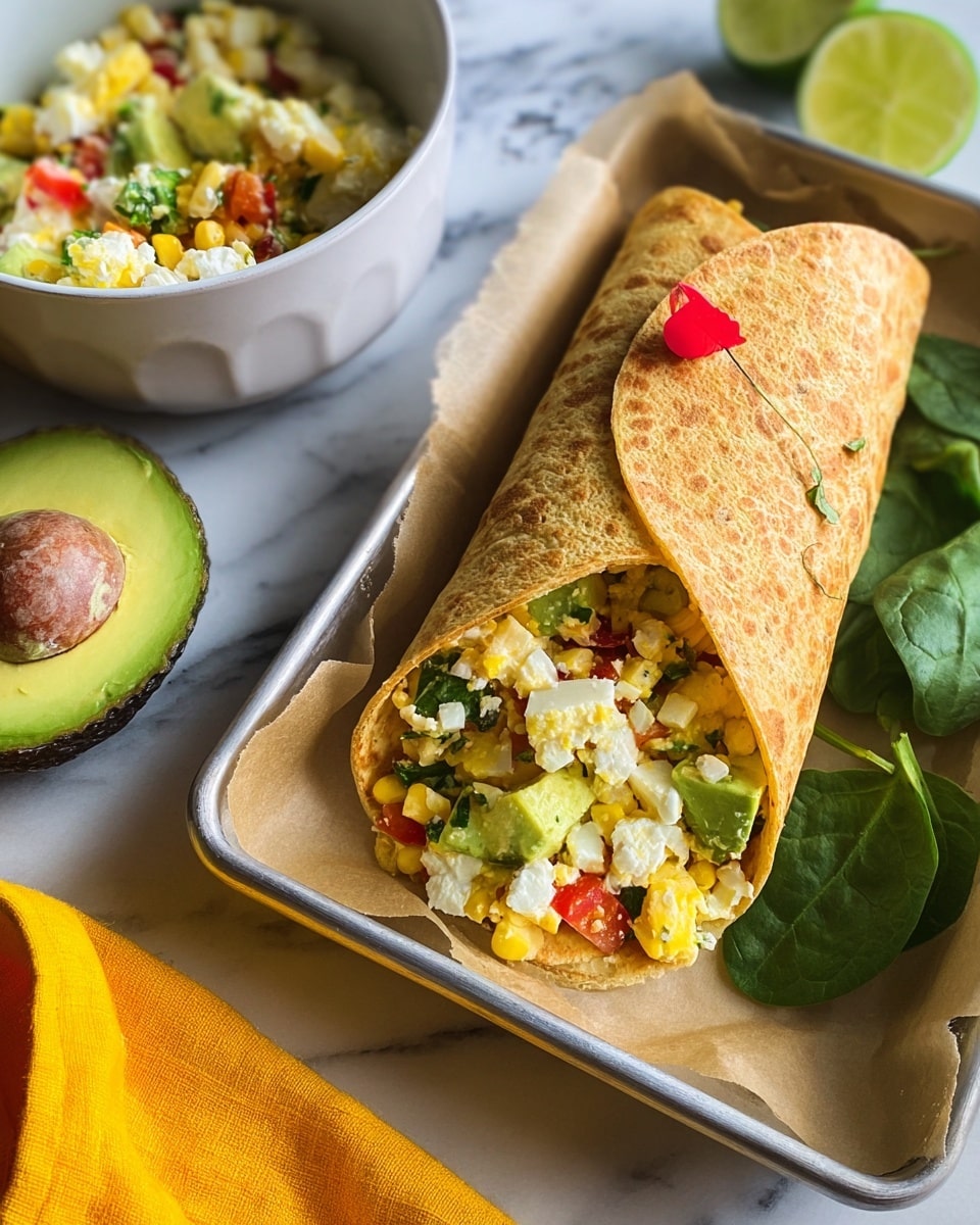 A close-up shows a folded, golden-brown tortilla wrap held closed with a small red pick, filled with a colorful mixture of chopped boiled eggs, green avocado chunks, red peppers, and white corn pieces, all visible at the open edges on both sides. It rests on parchment paper inside a metal tray with fresh green spinach leaves on one side and a halved lime below. Nearby, a white bowl contains the same chopped salad, and a halved avocado with its seed intact sits on a white marbled surface beside a yellow cloth. Photo taken with an iphone --ar 4:5 --v 7