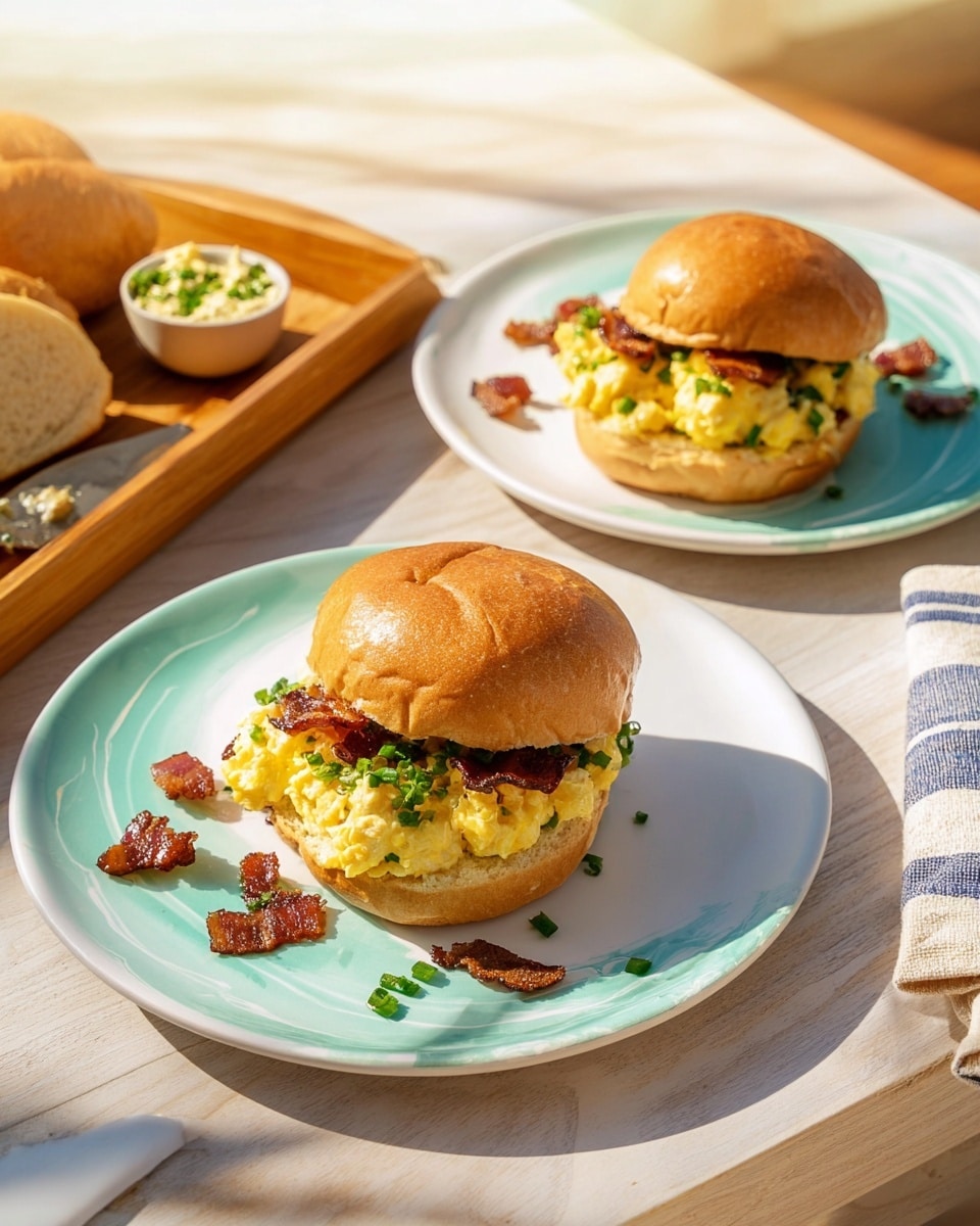 Two breakfast sandwiches sit on white plates with a light turquoise swirl pattern, placed on a light wooden table with a white marbled texture. Each sandwich has three layers: the bottom layer is a toasted golden-brown bun, topped by fluffy yellow scrambled eggs mixed with chopped green herbs, and finished with small crispy dark brown bacon pieces scattered on top and around the plate. The top bun, also golden-brown, is slightly tilted, revealing the layers inside. In the background, there is a wooden tray holding an open bun and a small bowl of spread with green herbs nearby. A cream-colored napkin with blue stripes is partially visible near one plate. The scene is bright and sunlit. photo taken with an iphone --ar 4:5 --v 7