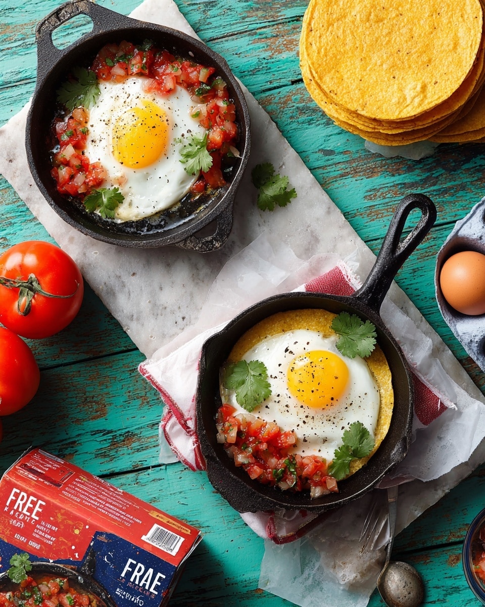 The image shows two small black cast iron skillets on a white marbled surface, each holding a dish with two layers: a golden crispy tortilla base topped with a sunny-side-up egg with a bright yellow yolk and white edges, sprinkled with black pepper; half of the egg is garnished with chunky red salsa made of diced tomatoes and onions, along with fresh green cilantro leaves placed on the salsa. Nearby, a white napkin with a red cloth underneath peeks from under the top skillet, and a stack of yellow tortillas rests on parchment paper nearby. To the side, bright red cherry tomatoes rest on a white marbled surface alongside a blue egg carton and a single brown egg. A bowl with more chunky salsa and a spoon is partially visible near the bottom left corner. The whole setting is on a weathered teal wooden table. photo taken with an iphone --ar 4:5 --v 7