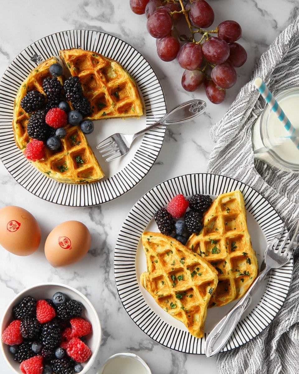 Two white plates with black diagonal stripes hold golden yellow waffle omelets with green specks inside, one plate featuring a whole waffle omelet garnished with blackberries, raspberries, and blueberries, and a silver fork resting across the left plate; the other plate has four waffle omelet pieces arranged around a small cluster of dark berries in the center. Nearby, there is a white bowl filled with mixed berries, three brown eggs with red stamps, a bunch of red grapes, a glass of milk with a blue and white striped straw, and a gray cloth on a white marbled surface. Photo taken with an iphone --ar 4:5 --v 7