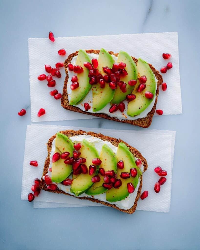 Avocado Pomegranate Toast with Roasted Garlic and Buffalo Mozzarella Recipe