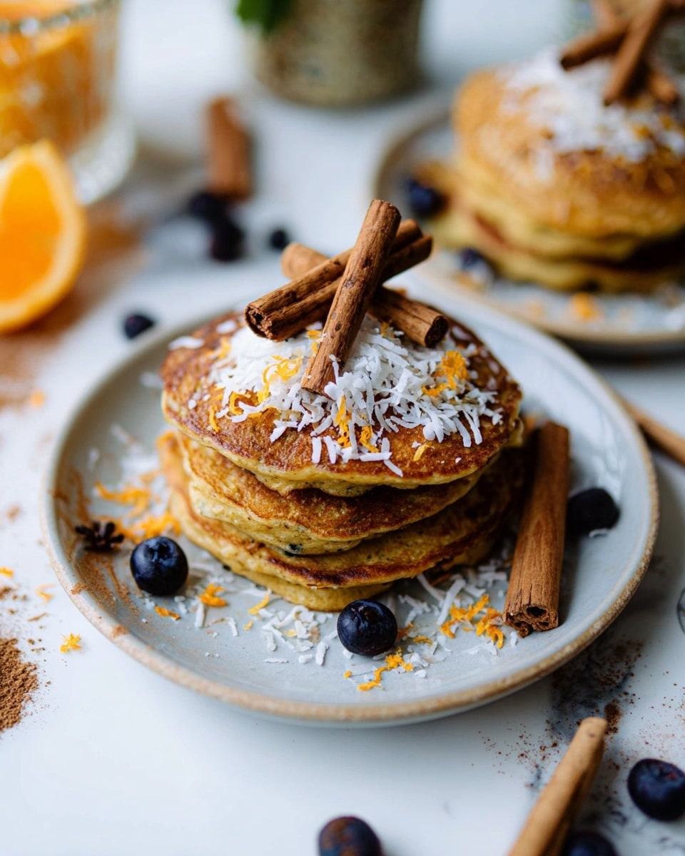 A stack of four golden-brown pancakes sits on a white plate, topped with a sprinkle of shredded white coconut and small pieces of orange zest, along with a few dark brown whole cloves and cinnamon sticks placed neatly on top. The pancakes have a soft, slightly textured surface, showing some spinach bits inside. Around the plate, there are two cinnamon sticks leaning on the pancake stack and some scattered spices and dark blueberries. The background is a white marbled surface with a blurred glass and an orange slice on the left. Another white plate with similar pancakes appears slightly blurred on the right side. photo taken with an iphone --ar 4:5 --v 7