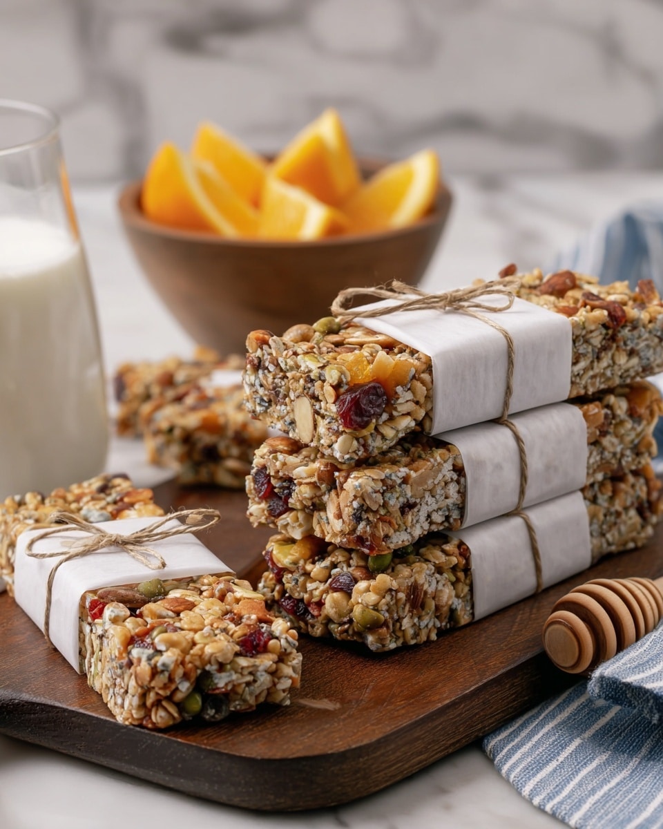 The image shows five granola bars stacked on a dark wooden board, each bar wrapped with white parchment paper tied with thin brown string around the center. The granola bars are thick and textured, with visible nuts, seeds, and dried fruit that give them a mix of beige, brown, green, and red colors. One granola bar is placed slightly forward and separate from the cluster. In the background, a small wooden bowl holds several orange slices, and there is a glass of milk visible on the left. The board sits on a white marbled surface with a blue and white striped cloth partially visible on the right side. A honey dipper is seen out of focus in the bottom foreground. photo taken with an iphone --ar 4:5 --v 7
