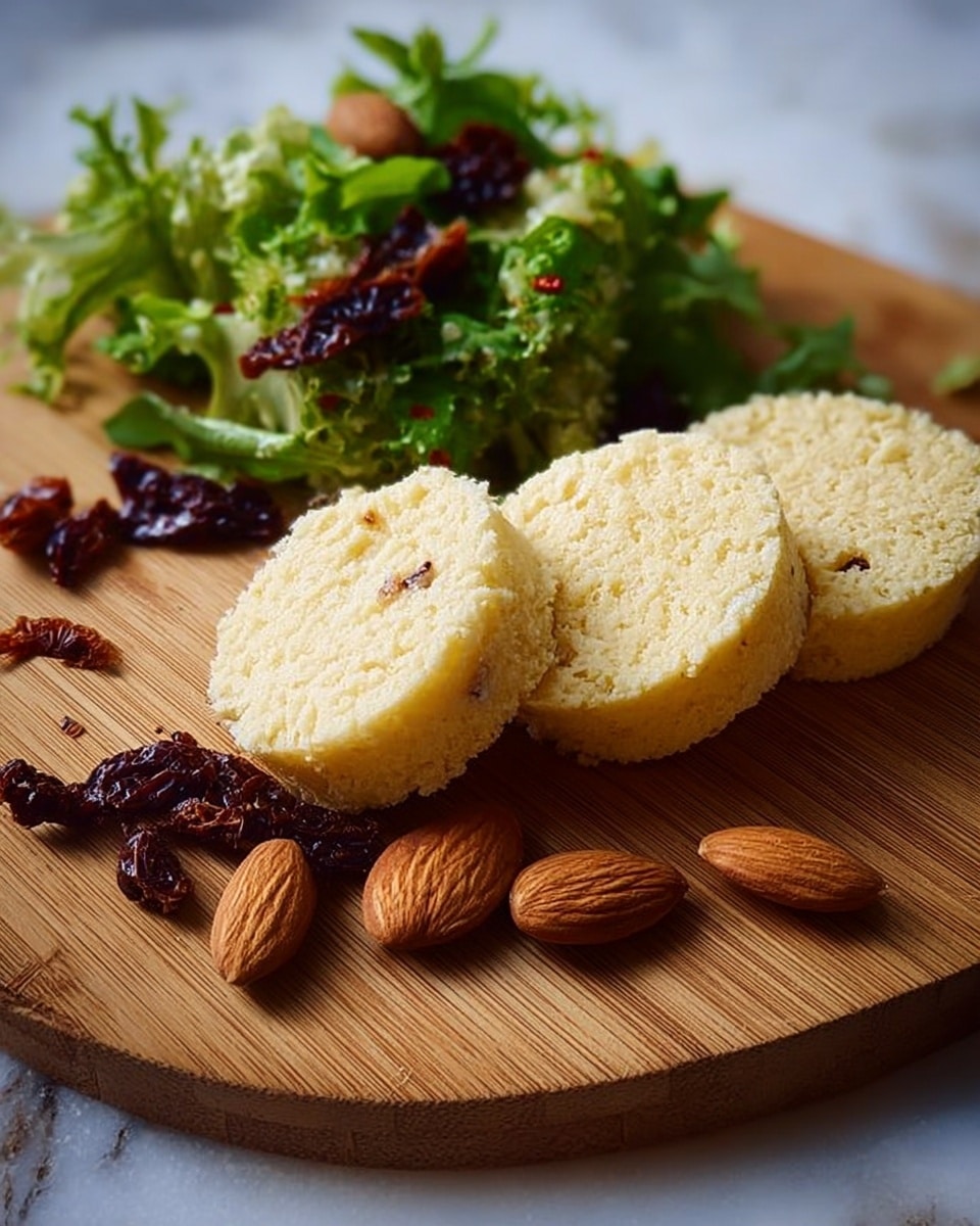 The image shows a wooden board with three round slices of a light yellow, spongy textured food placed in a row on the right side. On the left side, there is a small pile of green leafy salad mixed with dark red dried pieces. Scattered in front of the slices and salad are whole brown almonds. The background surface is a white marbled texture. photo taken with an iphone --ar 4:5 --v 7