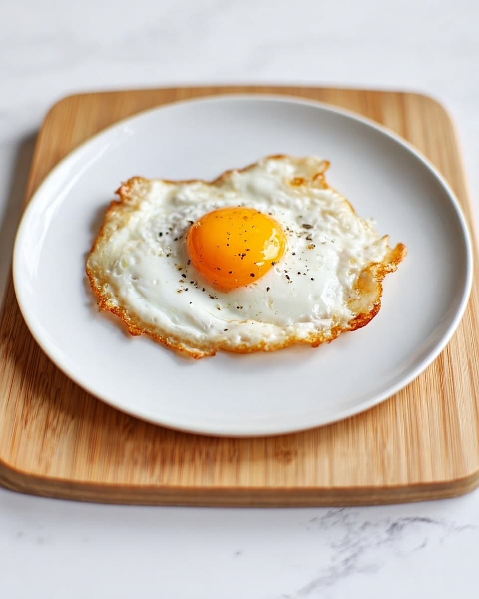 A single fried egg sits in the middle of a large white plate placed on a wooden cutting board. The egg has one bright yellow yolk in the center, slightly glossy, surrounded by a fully cooked white with some golden crispy edges. There are a few small black pepper flakes scattered over the yolk and white, adding texture and contrast. The background is a clean white marbled surface. photo taken with an iphone --ar 4:5 --v 7