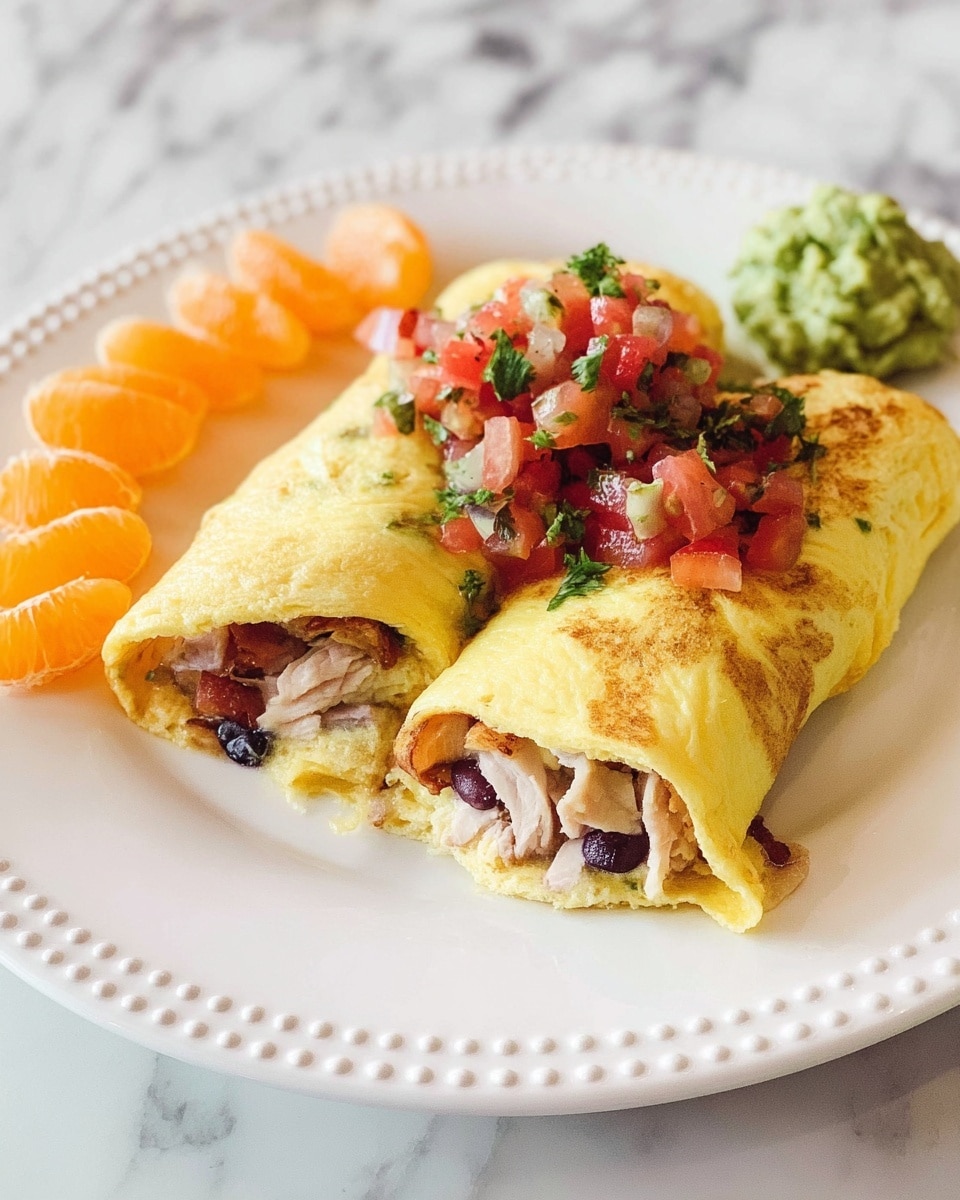 The dish shows two rolled egg omelets placed on a white plate with a dotted edge design. Each omelet has a soft yellow outer layer with light browning spots and is filled with several layers inside including thin turkey slices, diced tomatoes, dark beans, shredded cheese, and bits of green herbs. The top layer of the omelets is garnished with fresh tomato salsa made of chopped tomatoes, onions, and green herbs. To the side, there is a small serving of bright green guacamole and several peeled orange mandarin segments arranged neatly next to the omelets. The whole plate is set on a white marbled surface. photo taken with an iphone --ar 4:5 --v 7