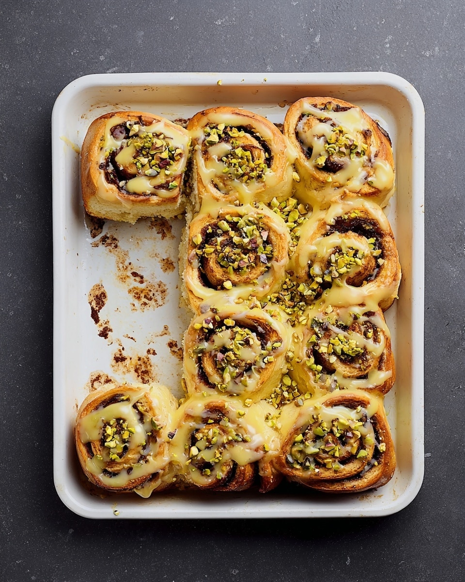 The image shows a white rectangular baking dish filled with eight cinnamon rolls, each topped with creamy light yellow glaze and sprinkled with chopped green pistachios. The cinnamon rolls have a golden-brown outer layer with swirls of dark brown cinnamon filling inside. The glaze is unevenly spread, dripping slightly over the rolls, giving them a fresh, sweet look. A few spots of the dish show baked residue, indicating the rolls were freshly baked. The dish is placed on a white marbled textured surface. photo taken with an iphone --ar 4:5 --v 7