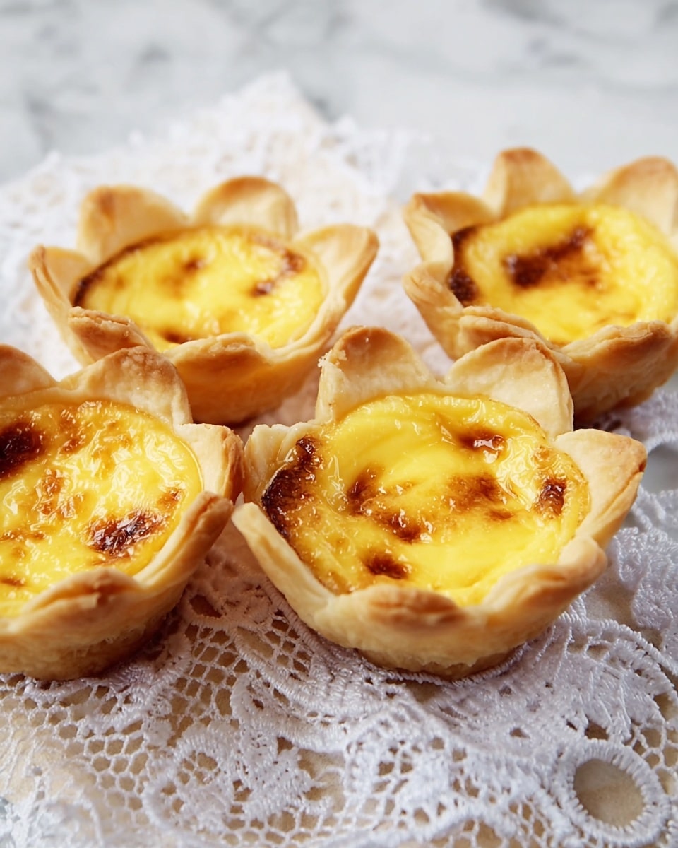 The image shows four small flower-shaped tartlets with a golden-yellow egg filling, each tartlet having a light beige, flaky crust that forms petal-like edges around the egg layer. The egg filling is slightly browned on top with a soft, smooth texture and spots of light char, resting inside the crust. These tartlets sit on a delicate white lace cloth on a white marbled surface, creating a soft and elegant background that highlights the warm colors and textures of the egg tarts. photo taken with an iphone --ar 4:5 --v 7