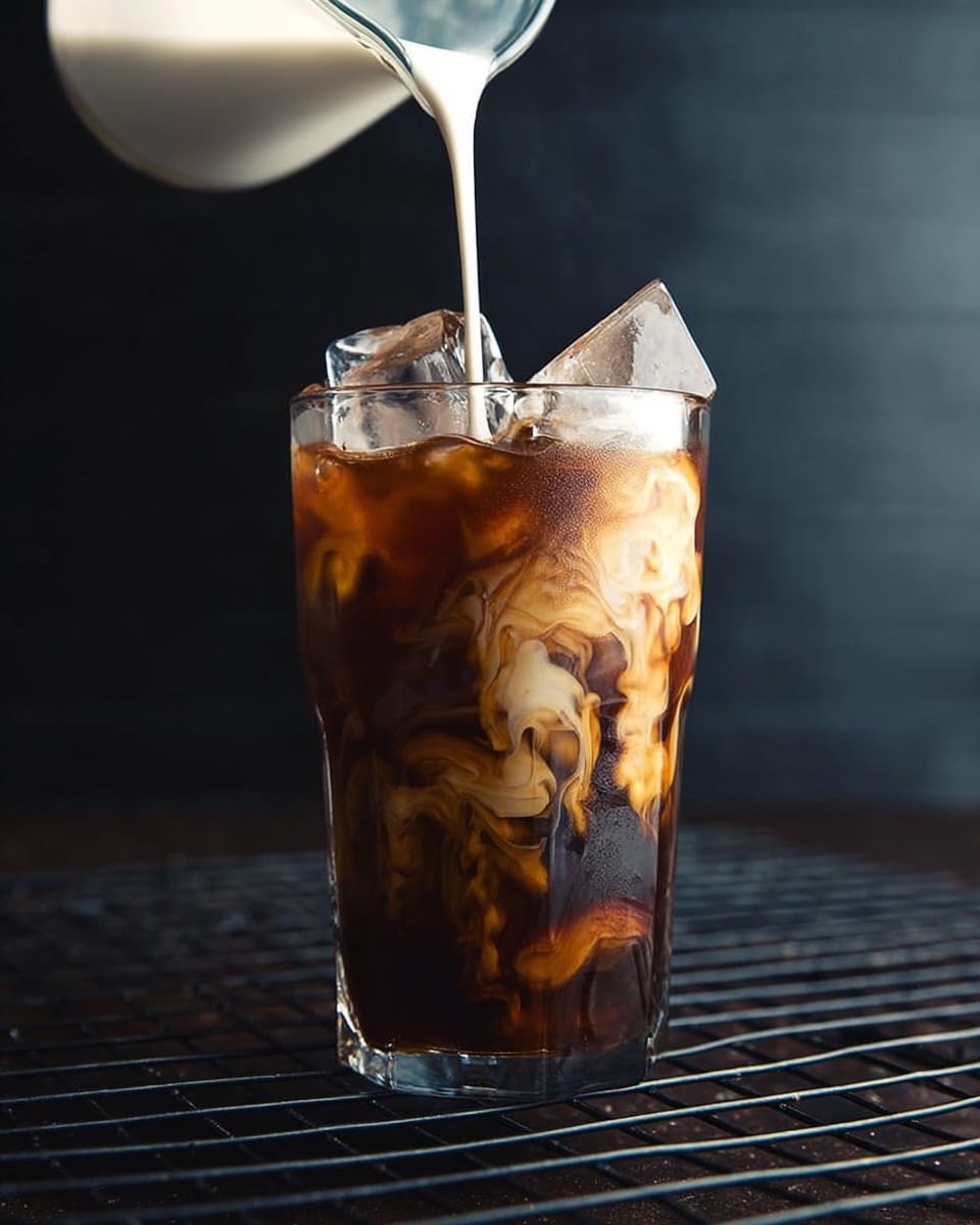 A tall clear glass filled with dark brown iced coffee and a few large ice cubes near the top. Cream is being poured from a white container into the glass, creating swirling light beige patterns against the dark coffee, blending in beautiful waves. The glass is placed on a black wire grid with a blurred dark background behind it. photo taken with an iphone --ar 4:5 --v 7